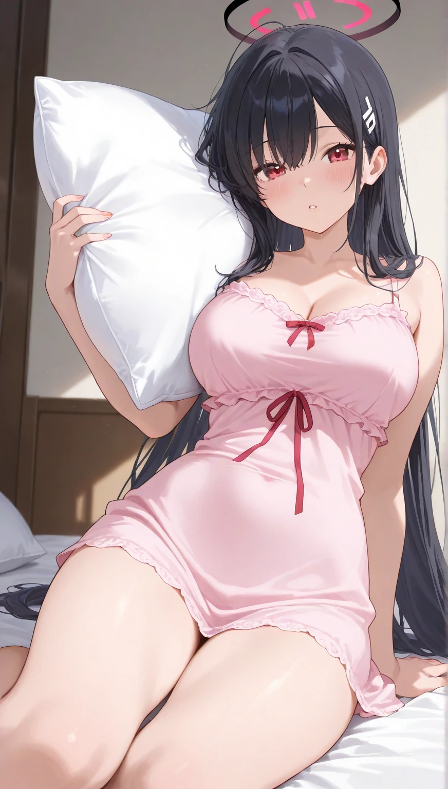 (best quality:1.1), (Masterpiece:1.2), hot lady, long hair, black hair, Hair bow, ถักเปีย, pink eyes, ((beautiful breasts:1.3)), beautiful, cute, Bright face, Good mood, ((pajamas dress)), ((very wet 💦💦💦)), ปากอมชมพู, ยิ้ม, ((เขินอาย,หน้าแดงแป๊ด)) ((bedroom)), ((sfw)), ((เย้ายวน:1.5)), collarbone, ((Highest quality, Best Performance, Maximum details, Light and shadow details:1.2, 4k details))
