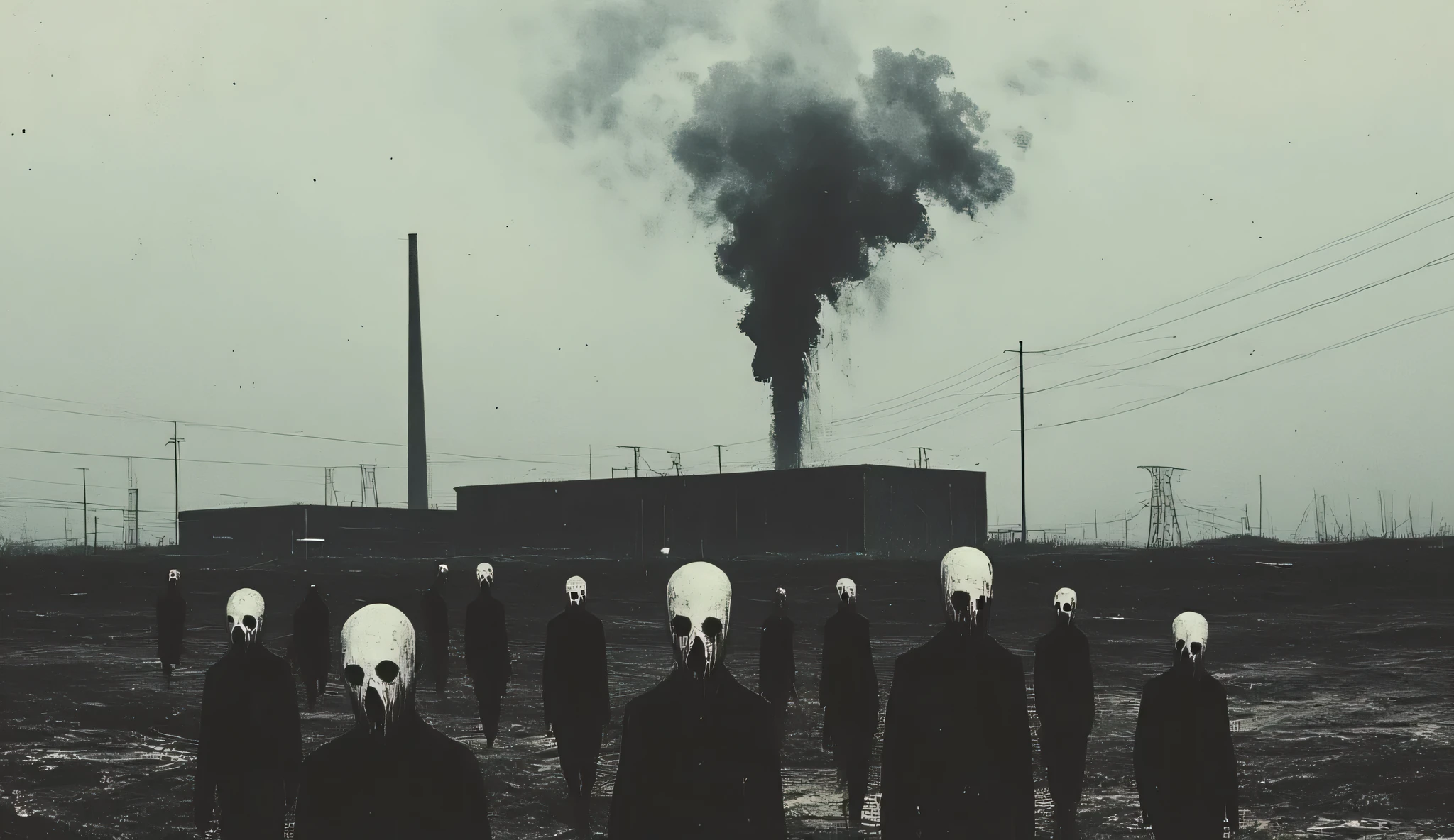 A dark surreal scene of people walking across a field, they have hairless skull heads and featureless long sleeve black outfits, a dystopian factory sits in the background belching black smoke from its smoke stacks, the sky is filled with grey and black clouds, nightmare quality, high detail, masterpiece.