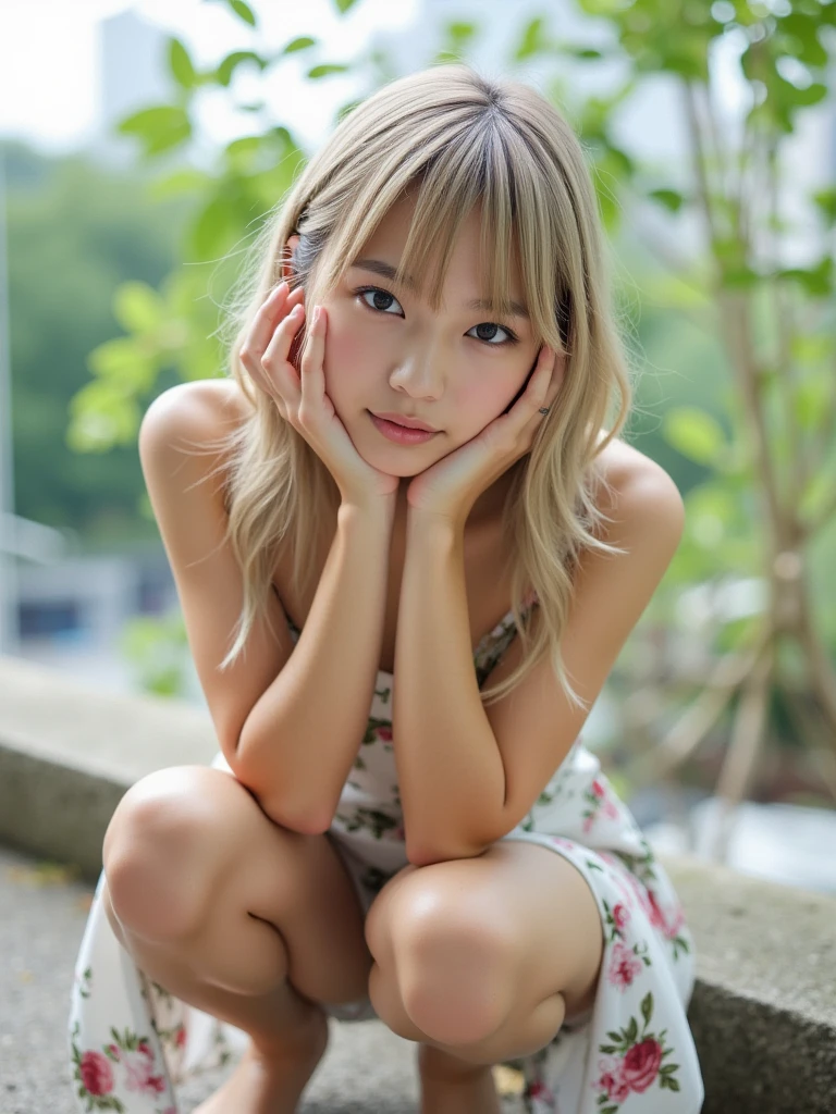 Raw photo、20 year old beautiful girl、 Japanese、blonde、 gal、Cheeky childish face、look at the camera、Black Bodycon Dress、White Heel Sandals、emphasize big breasts、sunlight、whole body