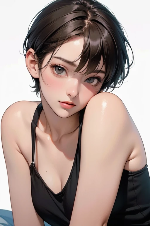 (((masterpiece, best quality, ultra highres, 1 girl, solo, no background))), super detailed skin and face and eyes and finger, young delicate girl, cute girl, very cute japanese woman, small breasts:1.5, skinny, light brown hair, white background, very short pixie hair, cowboy shot, Generate with illustrations, Various expressions, Various poses, Please draw the entire character within the frame, ensuring that the head, arms, and legs are not cut off. The background should be simple, with the character positioned centrally, outline, anime, 2d, comic, boyish, cosplay, bodysuit, spread legs, Cross-legged sitting,sharp_eyes