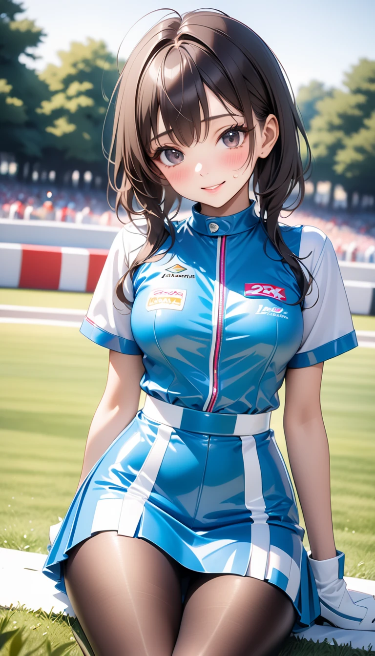 Vivid Color, ((race queen)), ((skirt)), luster Outfit, (Black pantyhose), (latex high heel boots), skindentation, skinny, solo, (1 sexy woman), Masterpiece, highest quality, highest quality, 16K, incredibly absurd, highly detailed, 2.5D, ai-generated, delicate and dynamic, very delicate facial expressions, delicate eye depiction, erotic, only sexy woman, ((A cute and kind face)), healthy figure, ((25-year-old woman)), 160cm tall, medium firm swaying bust,, blush, Sweat,Embarrassed,sexy, ((thin thighs)), (camel toe:0.8), (Erect nipples:0.9), (visible nipples:0.7), ((shiny and lustrous)), facing straight at viewer, smile, Large park, daytime, bright, on the grass, (dutch angle), (Erotic pose),