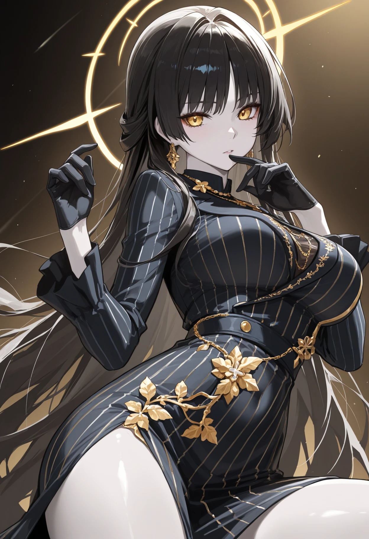 1 woman,long hair,brown hair,yellow eyes,Wear a black cropped waist dress.,Wear a black miniskirt.,Wear a small cross necklace.,Put on the bracelet.,Wear a small collar,Light makeup,Smiling, turning towards the camera,Wear black stockings,Not a bra,Not wearing underwear,fat,Big tits,big thighs