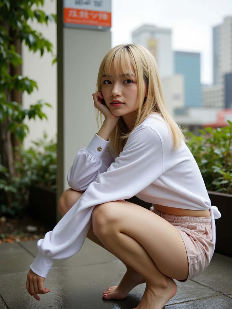 23 y.o, sweet face,yellow eyes,downturned eyes,heart shaped lips,straight eyebrows,raised nose,round face,RAW photo, casual photo of beautiful japanese blonde woman with perfect hair wearing tshirt and Lounge shorts squatting on rollerskates , sexy posture,Golden hour, at street, (full body shot), full body, looking into camera, 1girl, view from front, extremely high quality RAW photograph, detailed background, intricate, Exquisite details and textures, highly detailed, ultra detailed photograph, warm lighting, 4k, sharp focus, high resolution, (detailed skin:1.2), detailed eyes, 8k uhd, dslr, high quality, film grain, 8k uhd, Best quality, high resolution, Detailgenauigkeit, long shot, weitwinkel, Ukrainian woman