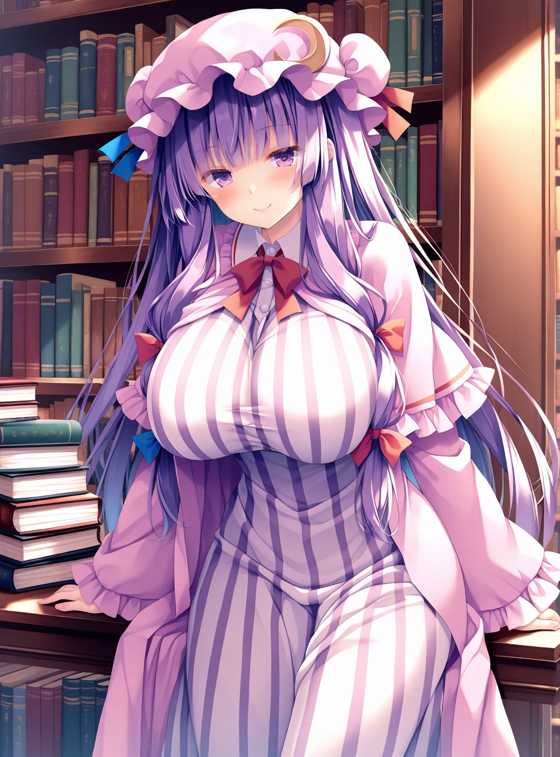 1girl, dress, (purple hair, purple eyes:1), long hair, mob cap, crescent hat ornament, ribbon, dress, smile, massive breasts, chubby, in a library, sitted on a chair, thicc thigs