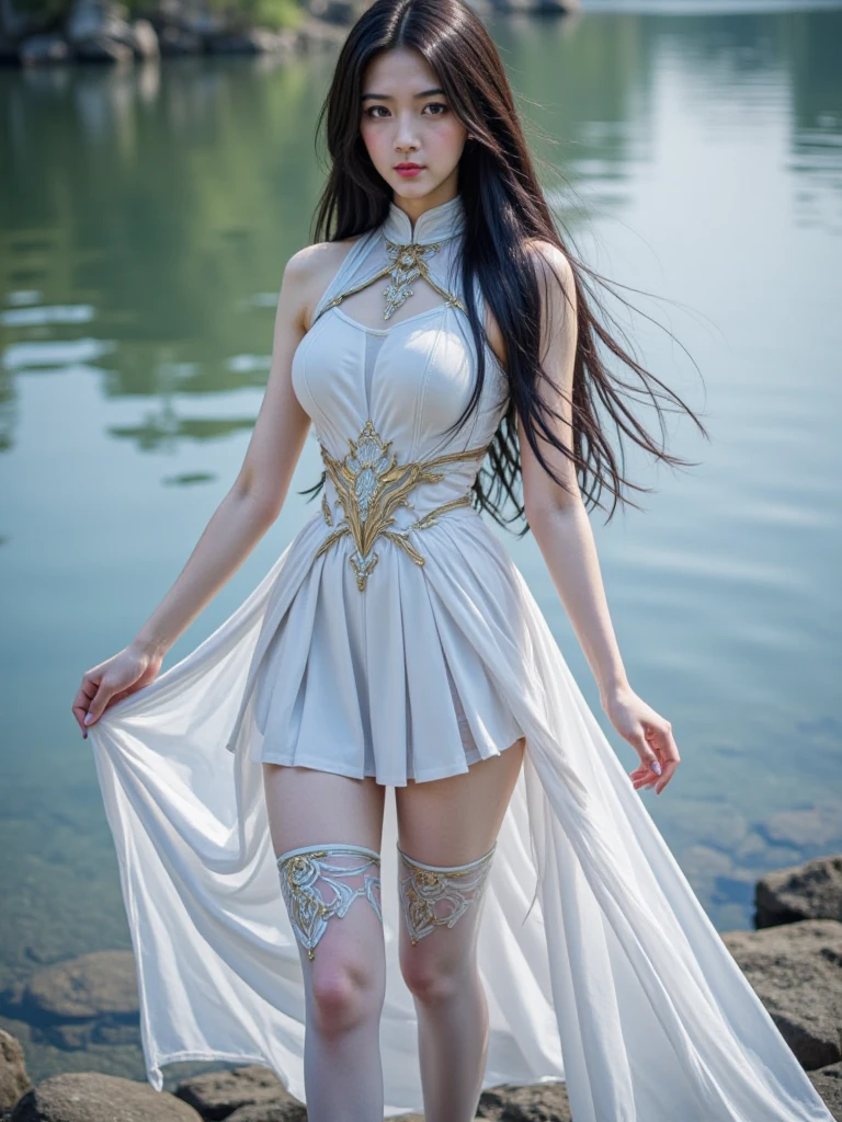 Full body portrait,of a light-skinned brunette woman , posing standing, one hand on the waist, legs slightly open,high quality 8k resolution,Silver white long hair ,collected in the form of a ponytail, perfect symmetry face, perfect beauty big eyes, well defined blues, pointy ears, silver earrings in the ears, perfect smile, seductive lips,silver necklace with a blue sapphire in the center, hanging from the chest, perfect body, big ,thick legs , with low-cut white blouse, body-hugging black pants, black gloves, black ankle boots ,in a garden full of blue flowers, with a waterfall in the background,