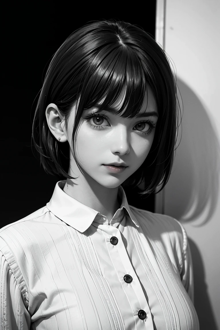 neat girl is beautiful japanese female and beautiful russian female mixed race only in the face age is 17 features of the whole body black hair medium straight bob cut hair style beautiful small face with short eyelashes boyish eyes only high nose dark blue pupils very thin upper lip milky white skin accurate attractive body shape beautiful bust waist hip s thighs knees legs choker and tie on neck shirt with collar