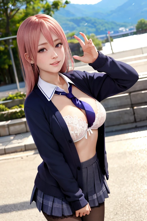Focus on the body, School, Schoolの制服, Show me your cleavage, One Girl, hoshino (Blue Archive), alone, Heterochromia of the iris, Pink Hair, Long Hair, Ahoge, hello, valley, Big Breasts,Show Viewer, Let me sit, ID card, Open your mouth, very Long Hair, smile, bans, blush, Hair between the eyes, High resolution,masterpiece, Highest quality,Adjust the proportions of your fingers