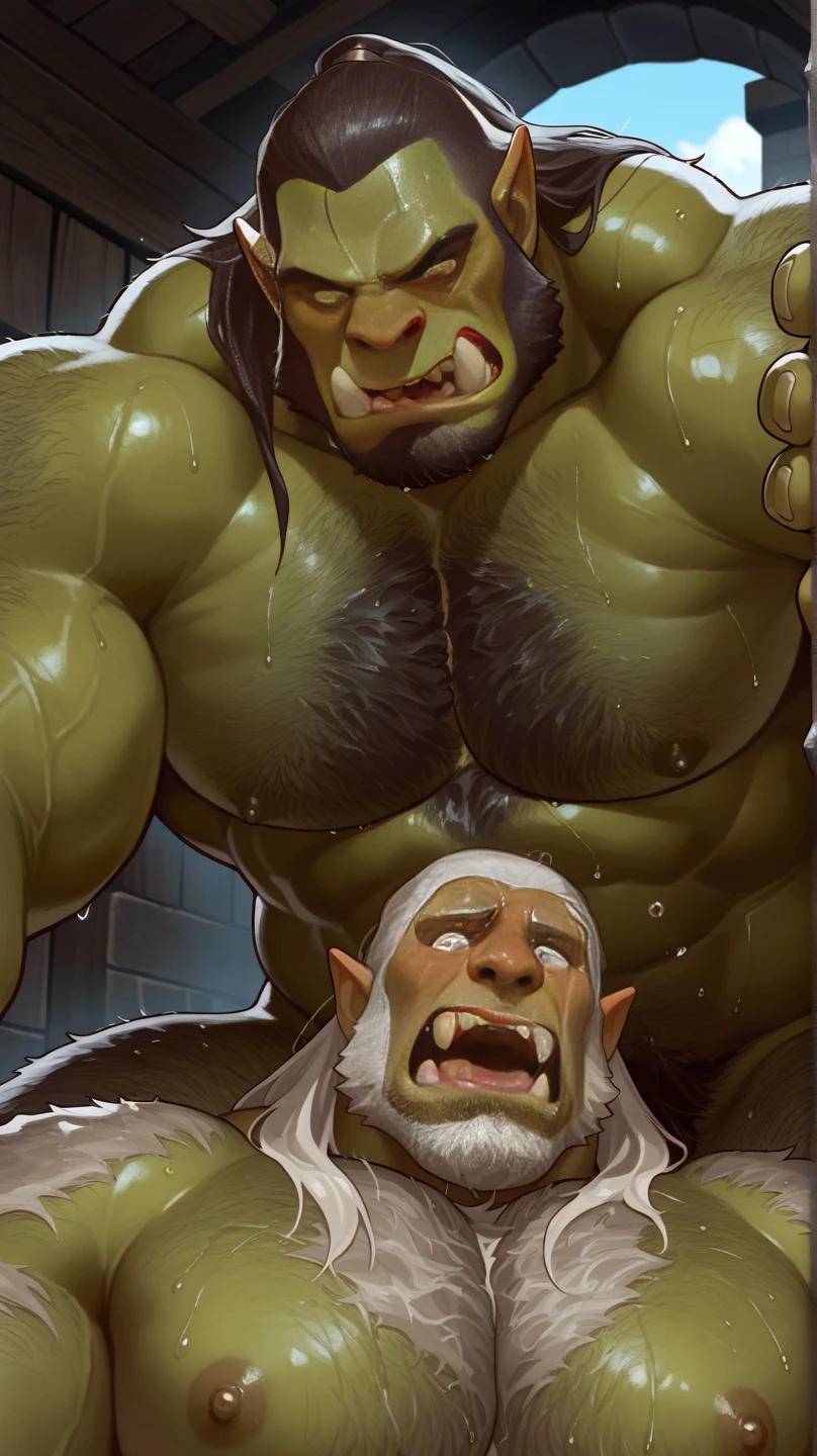 Draw a handsome orc wearing white socks and being tickled by feathers,Sitting on the bed,Feet facing forward