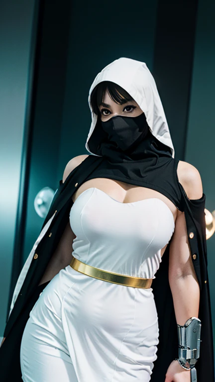 (Best quality, one person, ((masterpiece)), 8k, raw, ((a hot chick young beautyful big tits girl)), ((detailed face)), (there is a dark cyber city in the background), (good anatomy), her clothes are very torn in several places, detailed face, (((black white latex with Garter Belts Sexy ))), (((good anatomy))), (PUSH UP ASS), ((wearing high heels)), ((venom outfit)), (((venom))), white and black spiderman venom, (((horror style background))), wearing a white hood, ((her costume are very torn in several places)), platform high heels, hot long legs, carbon corset, long hair, (((ass and legs on focus))), latey stockings, ((nun costume)), (wearing a black mask), GOOD ANATOMY