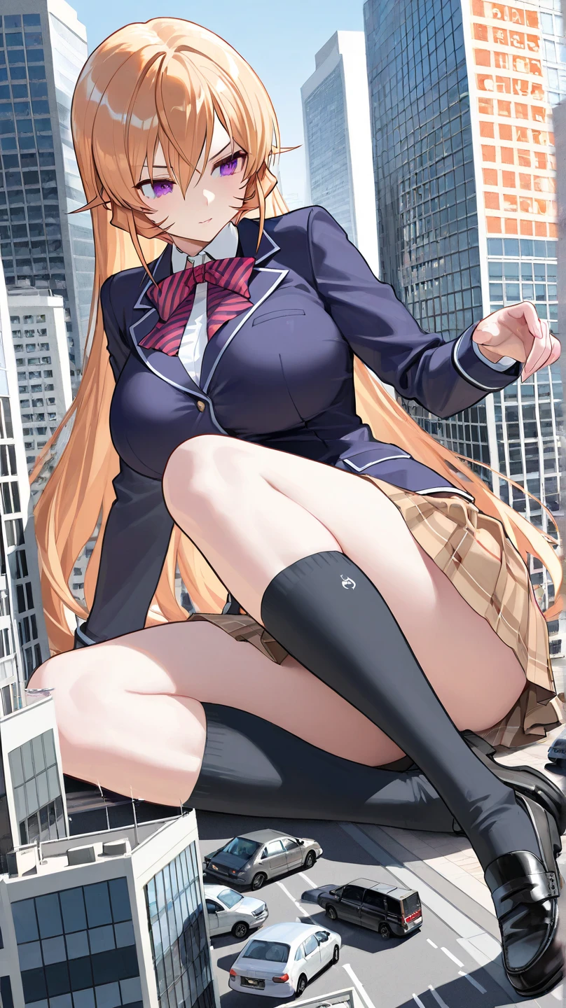 In anime, a girl with light skin, sexy, cute, leaders, long brown hair, her brown eye, wears a pink button-down blouse, shows her navel, and a short blue skirt, black shoe, she travels, flying, sky background, city.