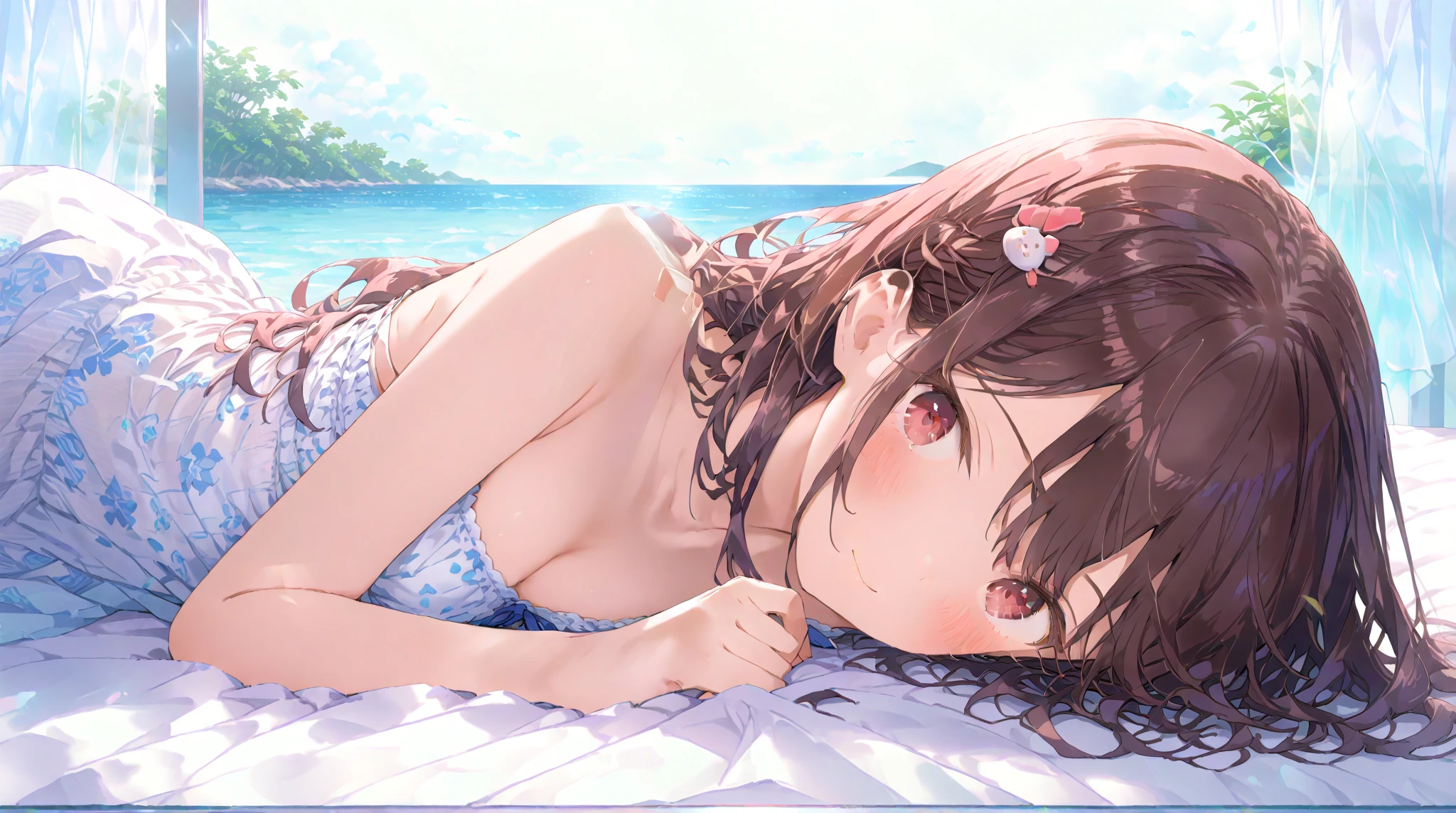 ((Highest quality))(masterpiece))(detailed)sexy ,比基尼, Beach, one eye closed, looking down, Beautiful Eyes