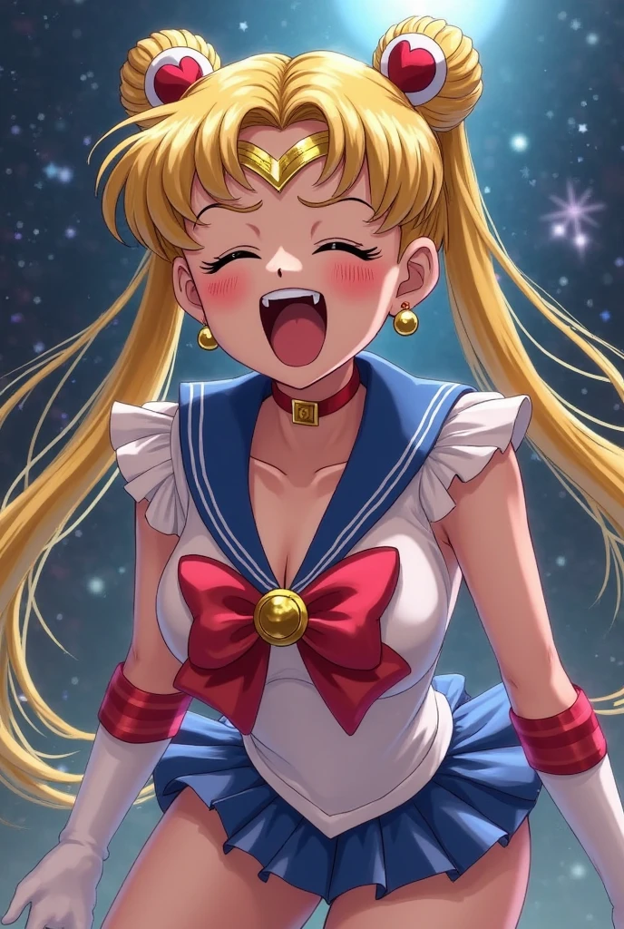 most beautiful Usagi Tsukino aka Sailor Moon, 17yo, on her knees, looking up at the camera, half-closed eyes, slight smirk, desire, perfect tongue, perfect mouth open, in position as if trying to catch raindrops that are not there on her tongue, (tongue covered in very thin runny clear glue, dripping down all over her bare ample chest:1.2), hands below her chest, squishing her breasts together to create a deep cleavage for the viewer to aim at, sitting on her feet, viewer squirting long thin ropes of clear glue across her face and chest from below the field of view, perfect puffy nipples, shot directly overhead, gorgeous, very cute, most attractive, most arousing, sensual, intimate, alluring, lascivious, appealing, enticing, tempting, yellow blonde double bun twin tails, red balls in her hair buns, red knee high boots, very short royal blue pleated skirt, tightly fitted white blouse with royal blue deep V collar, red choker, large red bow on chest, white elbow gloves, red elbow bands, gold headband with single red stone in center below the ruffled bangs