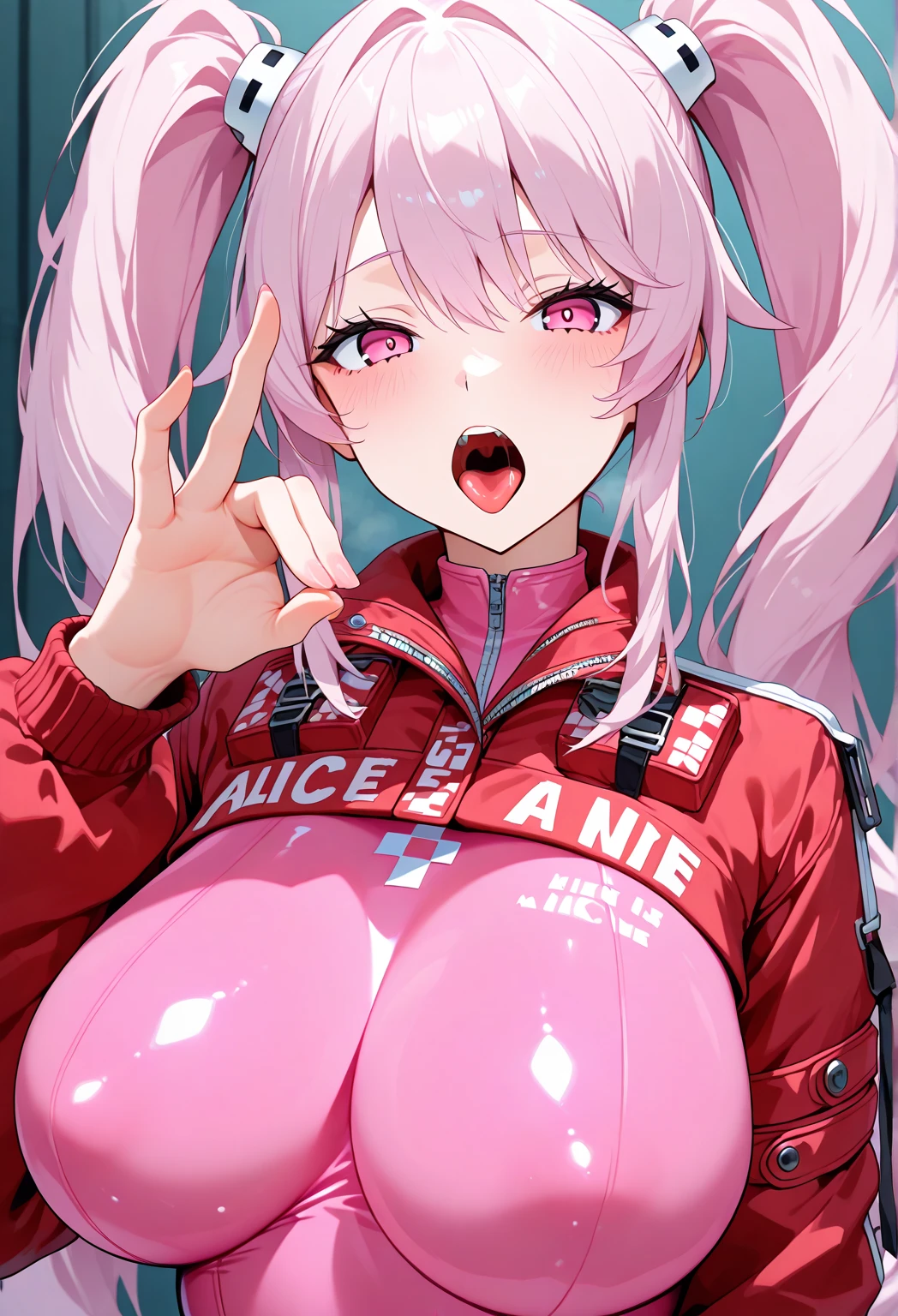 One girl, Animal ears, bangs, blush, Bodysuits, chest, Mouth closed, fake Animal ears, gloves, Headphones, headset, Horse's ears, Impossible clothes, Jacket, large chest, Long Hair, Long sleeve, View your viewers, pink Bodysuits, Pink Eyes, Simple Background, Fits perfectly to the skin, smile, alone, Twin tails, Upper Body, very Long Hair, White Background, white gloves, Gray Hair,Alice \(Nod\),(masterpiece:1.4),(Highest quality:1.4),(Shiny skin),Realistic