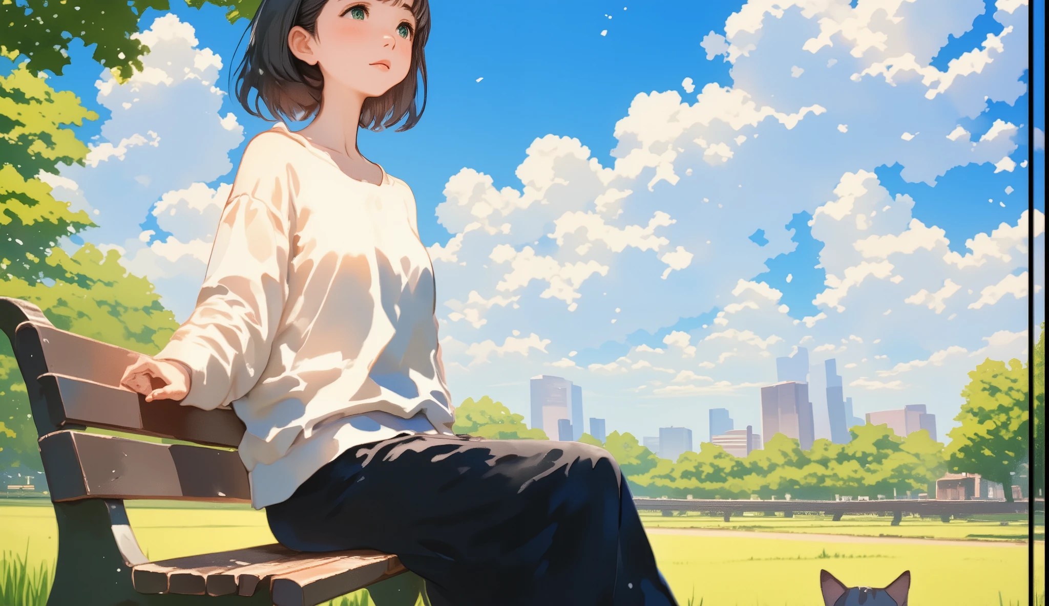((( is sitting on a bench and looking up at the sky :1.37、is sitting on the floor looking up at the sky:1.2、Look at the sky:1.37)))、 one person、 Very Delicate Face and Skin Texture、 white summer knitwear、 Black Long Skirt、 Cats as Everyday Scenes、、In perfect harmony with nature 、 Intuition 、((( Riverside Park 、 Blue Sky、Baiyun、Summer Day)))、open your mouth、、 Summer vacation 、 top quality、masterpiece