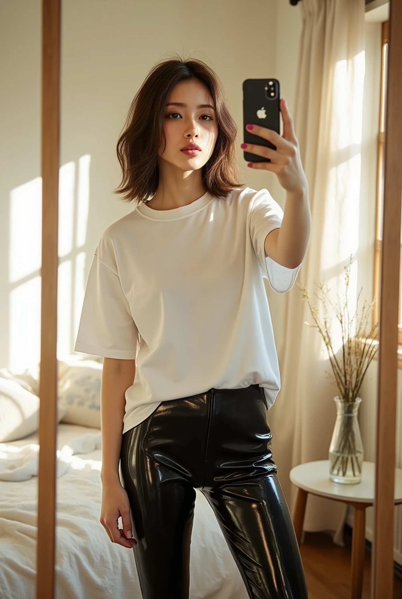 woman wearing super glossy black vinyl leggings and a white crewneck t-shirt while using an iphone to take a seflie in the mirror, in her sunlit bedroom