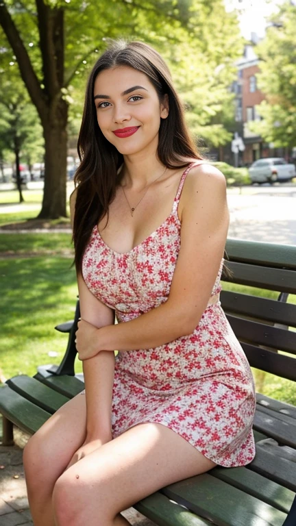smiling, happy, beautiful brunette, wearing red summer dress with flowers on it, stitting an outside bench with a summer drink on a table, outside a cafe in London, drinking a cold drink, woman wearing a flower summer flower dress, smiling, very detailed, 40 years, innocent face, long hair, natural wavy, blue eyes, high resolution, masterpiece, best quality, intricate details, highly detailed, sharp focus, detailed skin, realistic skin texture, texture, detailed eyes, professional, 4k, charming smile, shot on Canon, 85mm, shallow depth of field, kodak vision color, perfect fit body, extremely detailed, foto_\(ultra\), photorealistic, realistic, post-processing, maximum detail, roughness, real life, ultra realistic, photorealism, photography, 8k uhd, photography, large breasts