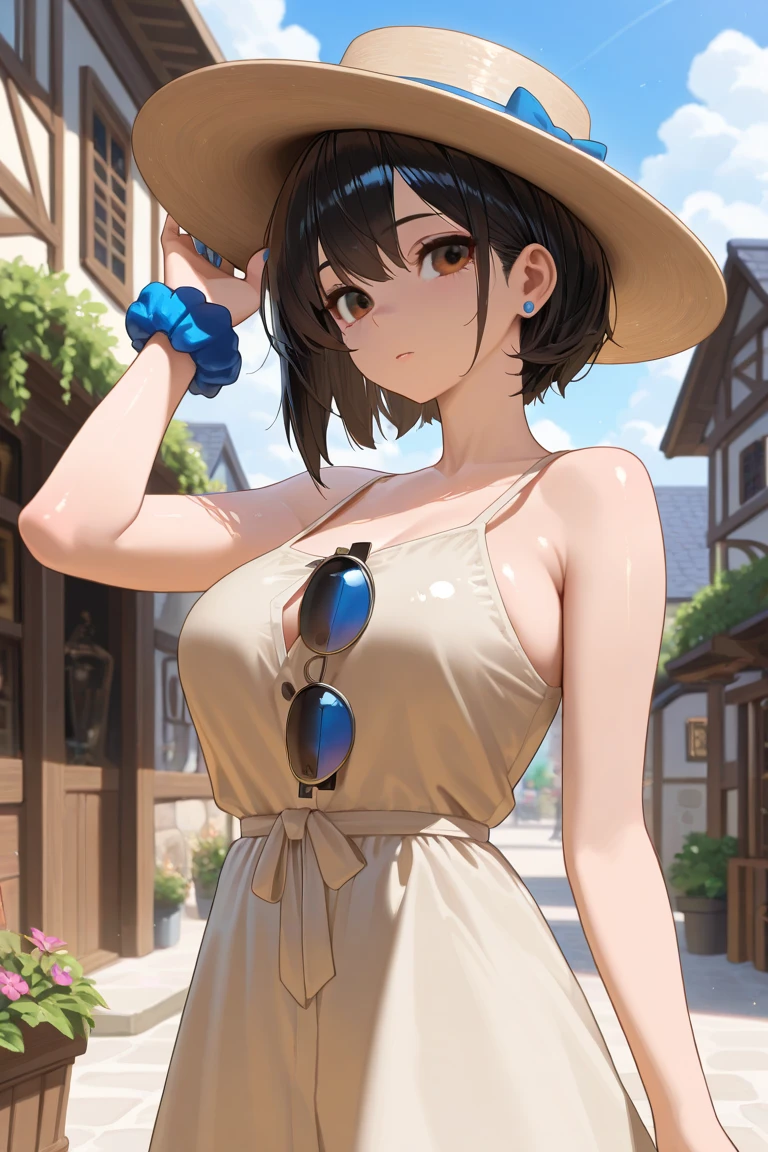 1个Giant Breast Girl, Brown hair,short detailed hair,eBlue eyes,full bodyesbian,Wearing a white shirt and black skirt，V-chest clothes, see-through cloth, Elegant and seductive posture, mesmerizing and seductive, stunning elegant pose, very attractive and beautiful, posing elegantly, Revealing stylish dresses, V-chest clothes, sheerness, Elegant and smooth body, Tempting, Clothing that exposes(tmasterpiece, Best quality at best, high qulity, A high resolution, ultra - detailed)