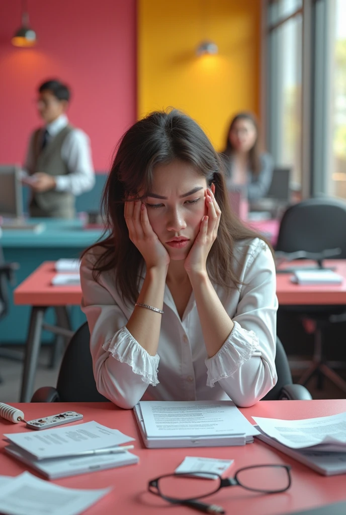 there is a woman sitting at a table with a cup of coffee, woman very tired, frustrated, the futility of overexertion, struggling, frustrated expression, frustrated detailed, frustration, stressed and burnt out, unhappy, stressed expression, tired expression, shutterstock, no gradients, overload, very sad, intense moment, exclusive, professional, woman, 8k, sharp, detailed, masterpiece