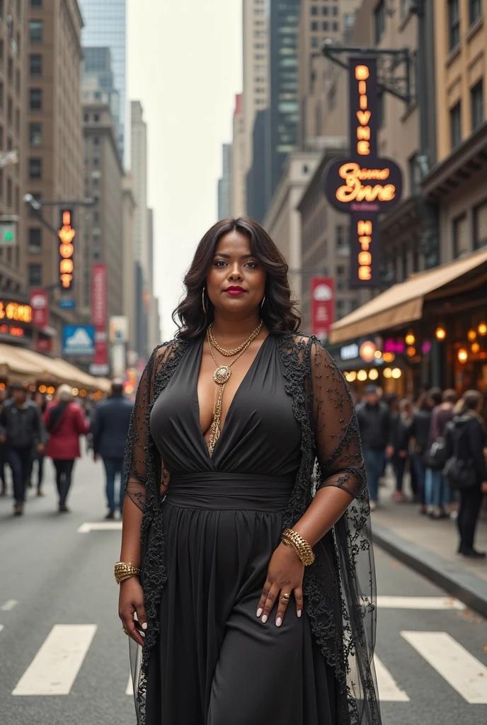 Roxanne Hancock, her name is Shaniqua, high quality, 1 old woman, ((50-year-old pear shaped body black woman)), ((50 years old)), (((pear shaped body 1.9))), ((thick thighs)), ((wrinkled body)), ((((old body)))), ((short curly hair)), (no make up), (she is wearing an extravagant gown), POSE: standing, BACKGROUND: outdoor: in the busy streets of the city where the party scene is buzzing