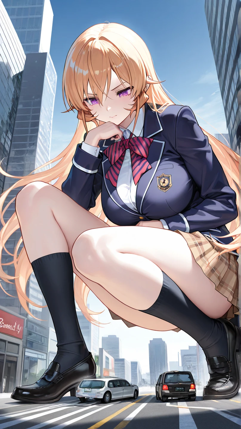 (top-quality: 1.3), (​masterpiece: 1.3), (The ultra-detailliert: 1.3), (wall-paper, one girls: 1.1)、(Detailed hands and fingers:1.2)、(Detailed ultra-oily shiny skin:1.1)、oily shiny thighhigh、(White shirt with collar and buttons:1.2)、(Light Blue Blazer:1.4)、(Red tie:1.1)、(Yellow and brown plaid mini skirt:1.3)、(Brown pantyhose:1.2)，(blondehair:1.2)、ssmile、(Beautiful Large Breasts:1.3)、Medium Hair、straight haired、(Cute Red Hair Band:1.1)、Beautiful sister、(School Grounds:1.3)、sexypose、Sit with your legs open