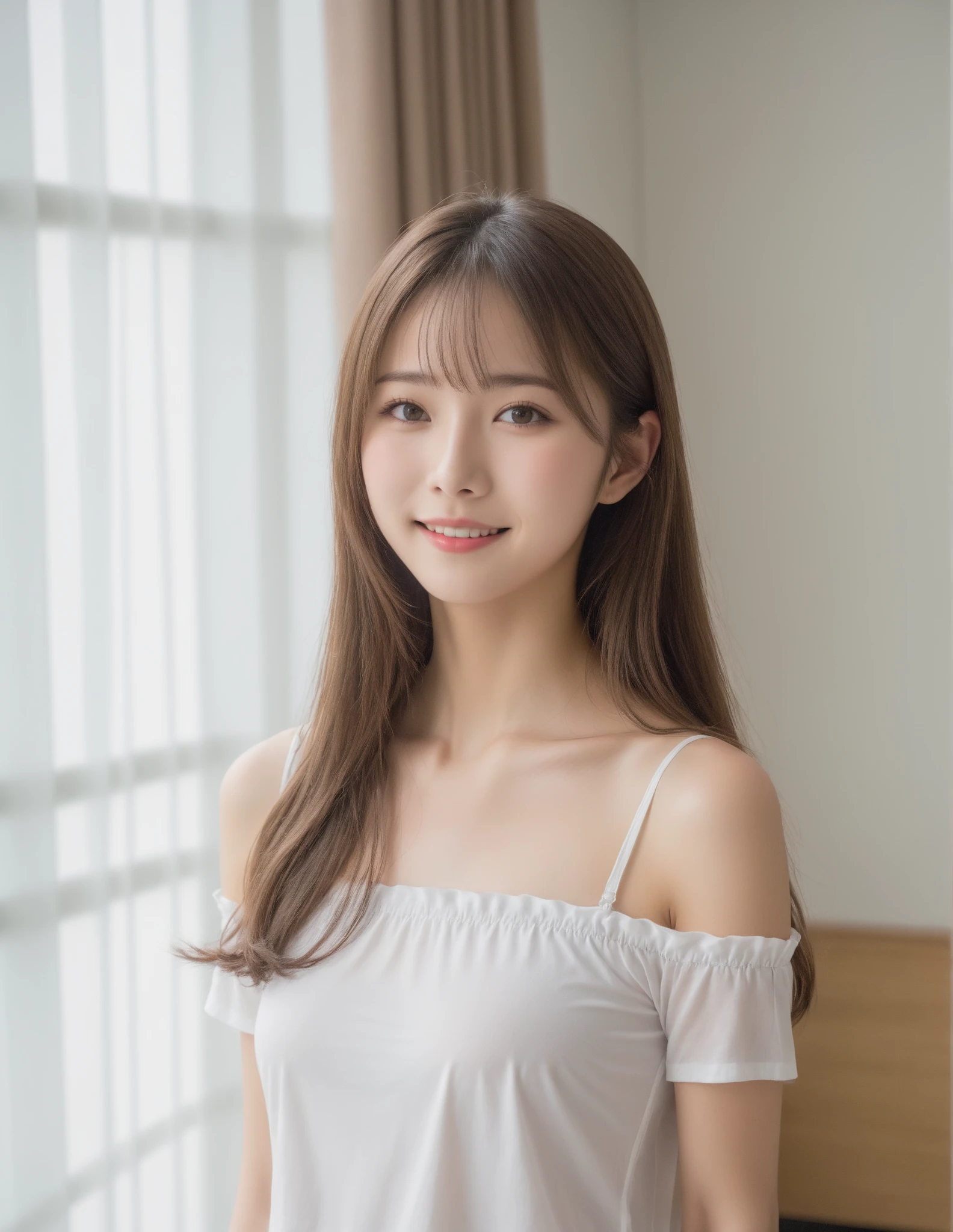 A beautiful Japanese shy girl, age 18 years old, short brown hair, brown big eyes, light pink shiny lip, shiny hair, ecstatic expression, wearing sleeveless front button white blouse, mini skirt, The background is very blurry, wearing high heels, A photo showing the whole body, in front of huge window, wearing neckless,