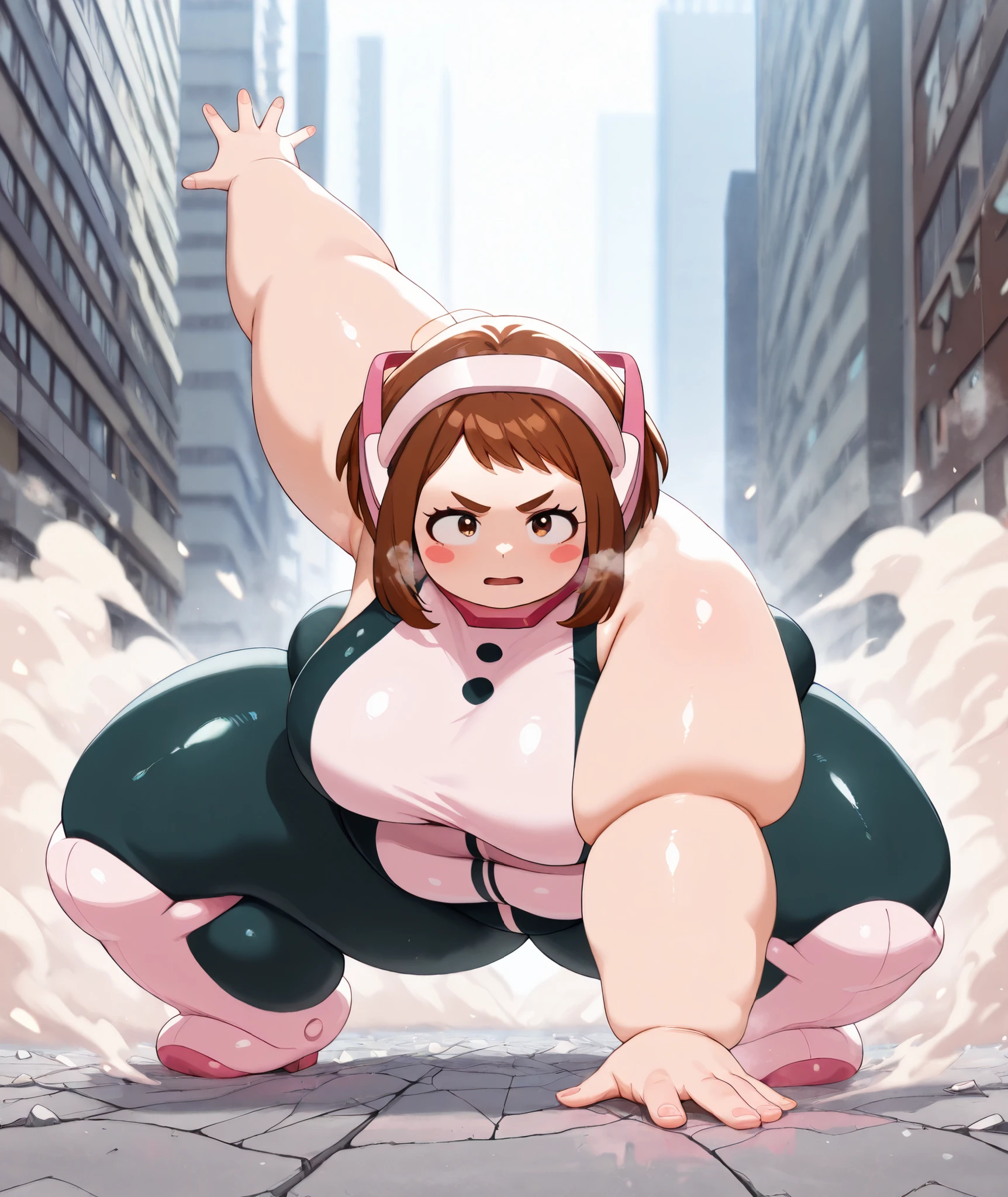 1girl, solo,
uraraka ochako, brown hair, brown eyes, short hair, blush stickers,
betcos, headgear,
superhero landing, arm up, outstretched arms,
(serious:1.2),
looking at viewer, head down,
outdoors, city, street,
cracked floor, dust cloud,
colorful, shiny skin,
masterpiece, best quality, amazing quality, very aesthetic, absurdres, newest, scenery, (volumetric lighting:1.1), depth of field fat, chubby, obese, gigantic arms and legs, large breasts open mouth, out of breath