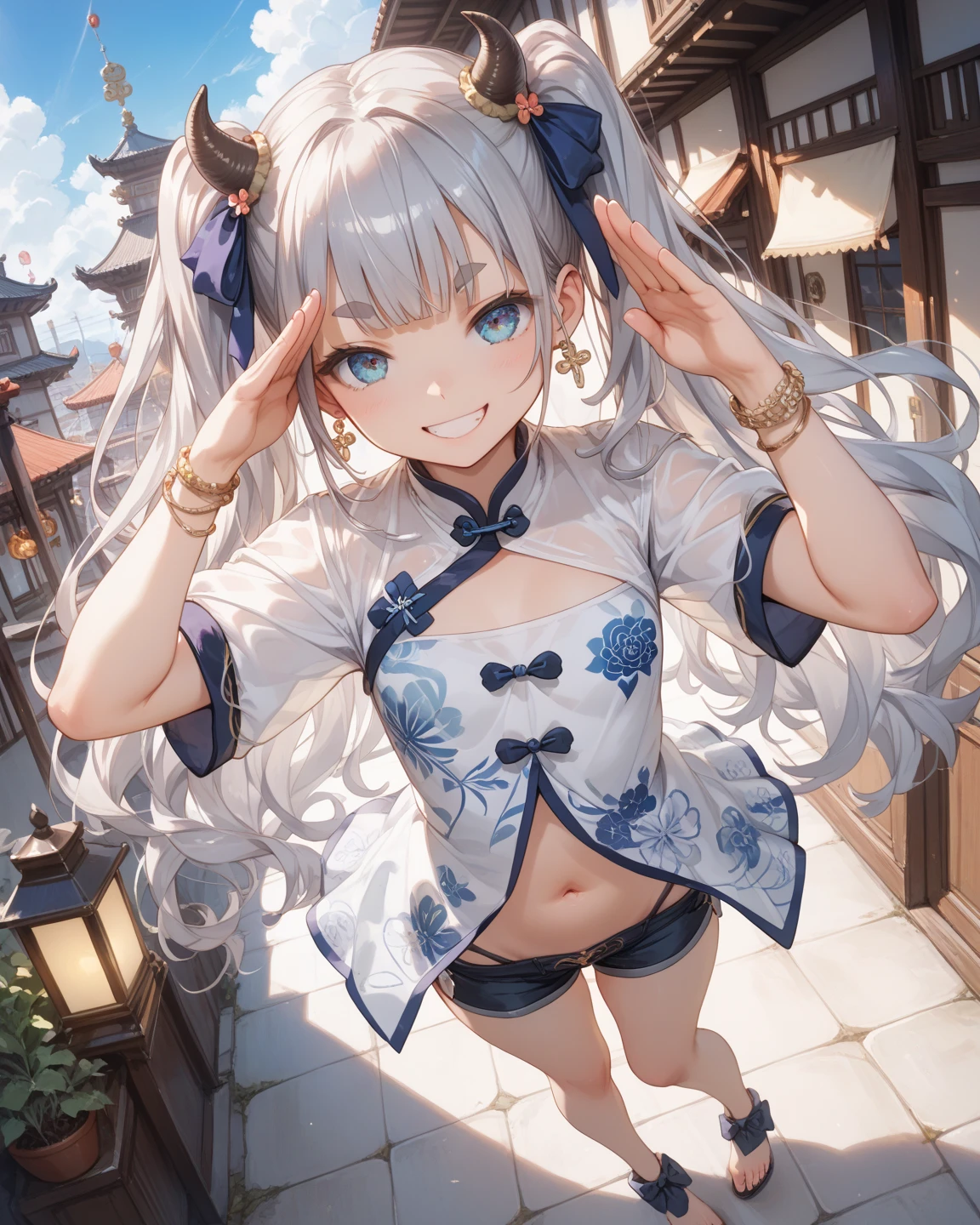 Cat ear：2.0、((masterpiece)),((Highest quality)),(Super detailed),(figure),((Very delicate and beautiful)), 1girl、((smile、Sparkling Blue Eyes、Cat ear：2.0、Silver Bob Hair：2.5))､I can see your belly、Chinese style short sleeve，Don't go up and down、Chinese style shorts、Alluring expression，An inviting body、Hot flashes、Small breasts，Sidetiletto heels、Show me the stuffed panda