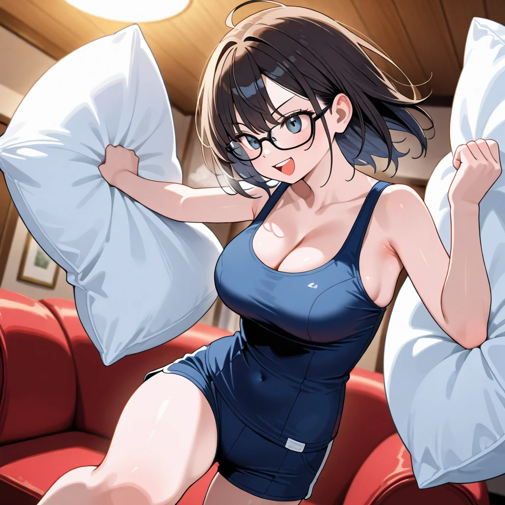 8k、masterpiece、Japanese、Woman wearing glasses、anise、from the front、smile、Childish、Big Breasts、Sheer School Swimsuit、night、Bedroom、Move the cloth between your legs to show