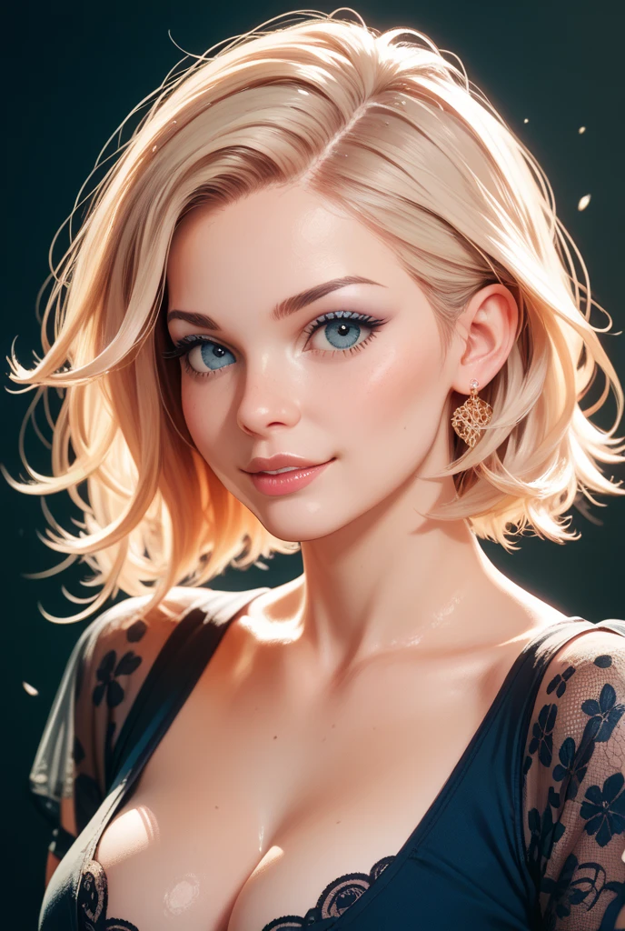 wet shirt, open shirt, blonde hair, short hair, blue eyes, eyeshadow, kneeling, woman, smiling, red lips, nostalgia, hand gesture, sexy, professional majestic oil painting by Mikhail Vrubel, Atey Ghailan, by Jeremy Mann, Greg Manchess, WLOP, Charlie Bowater, trending on ArtStation, trending on CGSociety, Intricate, High Detail, Sharp focus, dramatic, photorealistic, black background, epic volumetric lighting, fine details, illustration, (masterpiece, best quality, highres)