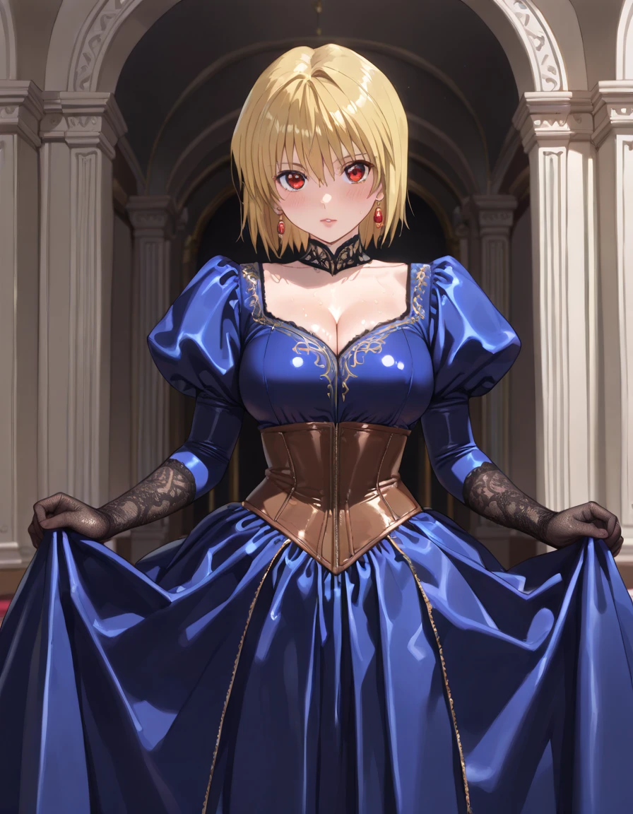 (high quality:1.1), cinematic lighting, extremely detailed, shadow,MarisaMamiya, 1girl, solo, hand on hip, hand on own face,  cowboy shot,looking at viewer, scowl, teeth,blonde hair, short hair, detailed hair, hairband, blue eyes, jewelry, necklace, cross, choker,black dress, skirt, white thighhighs,large breasts, cleavage,luxury mansion, royal room, windows, complex background,
