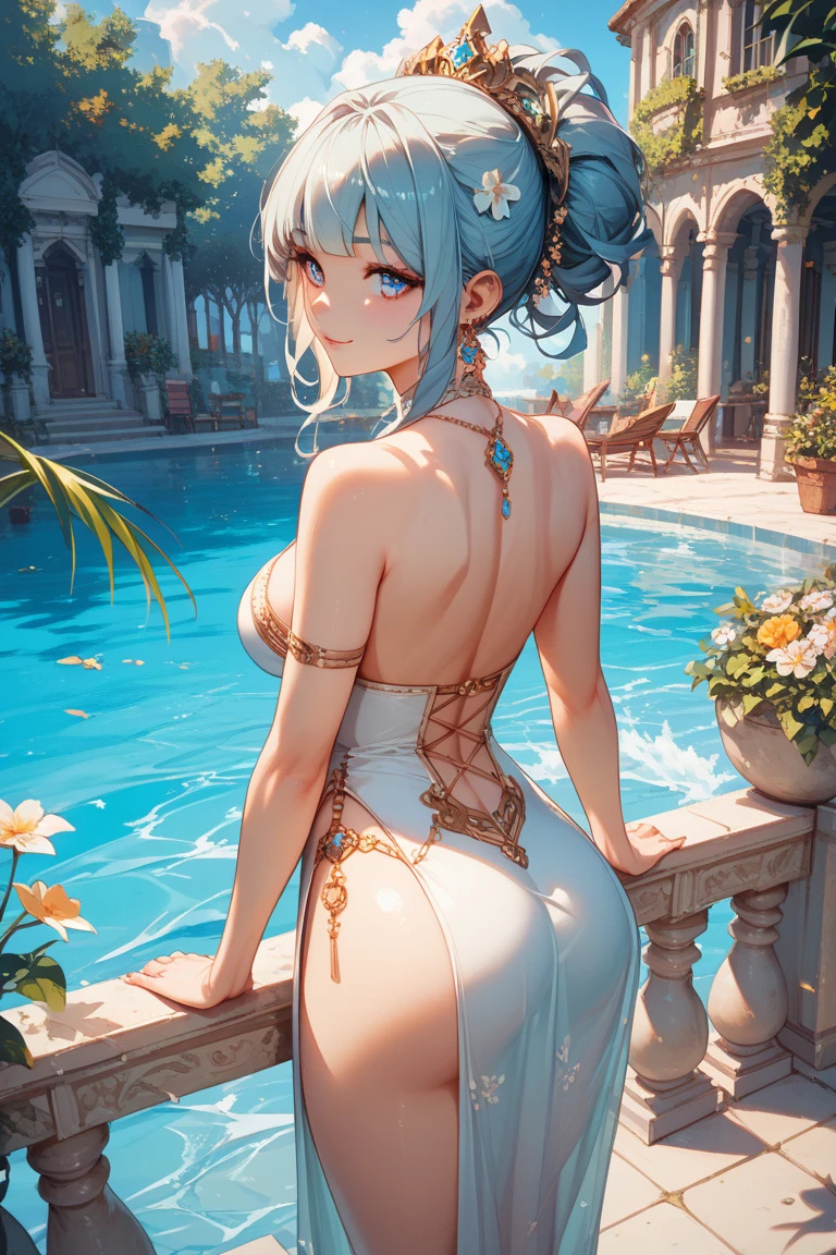 Official art、masterpiece、Extremely delicate modeling、top-quality、Photorealsitic、8k picture、hiquality、Goddess-like woman standing on the surface of the water、Fantasia、Ripples on the surface of the water、Perfect Style、Nudist rear view、Artistically 、colourful hair