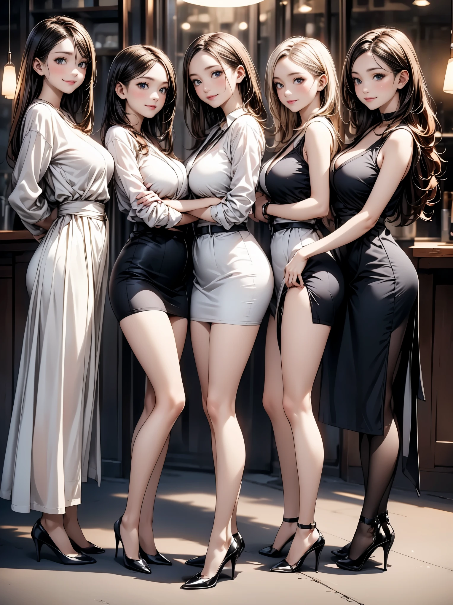 masterpiece, formal, (Three mature women standing side by side、Sticking out towards the viewer:1.3), Bodycon, Micro Dress, (Fine grain, Perfect Face, Face Focus:1.2), (Highly wrinkled, shiny clothing that reflects light:1.2), Golden accessories, jewelry, (Hoop Earrings), necklace, belly button, hair ornaments, latex, Glowing Skin, Attractive perfect female proportions, Detailed surface texture, smile, blush, (venue)