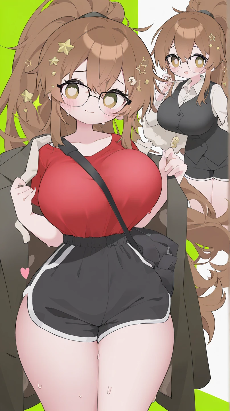(mix1), anime art style, 2d, masterpiece, best quality, very aesthetic, absurdres, dynamic shadows, atmosferic, (1girl), (brown hair), antenna hair, long hair, brown eyes, eyeslashes, detailed eyes, glasses, ahoge, bangs, medium breasts, cleavage, collarbone, makeup, intense blush, red hoodie, white shirt, open clothes, black thong, ahegao, tongue, saliva, standing, v, hands on own hip, (cowboy shot), from side, looking at viewer, simple background, ((white background))