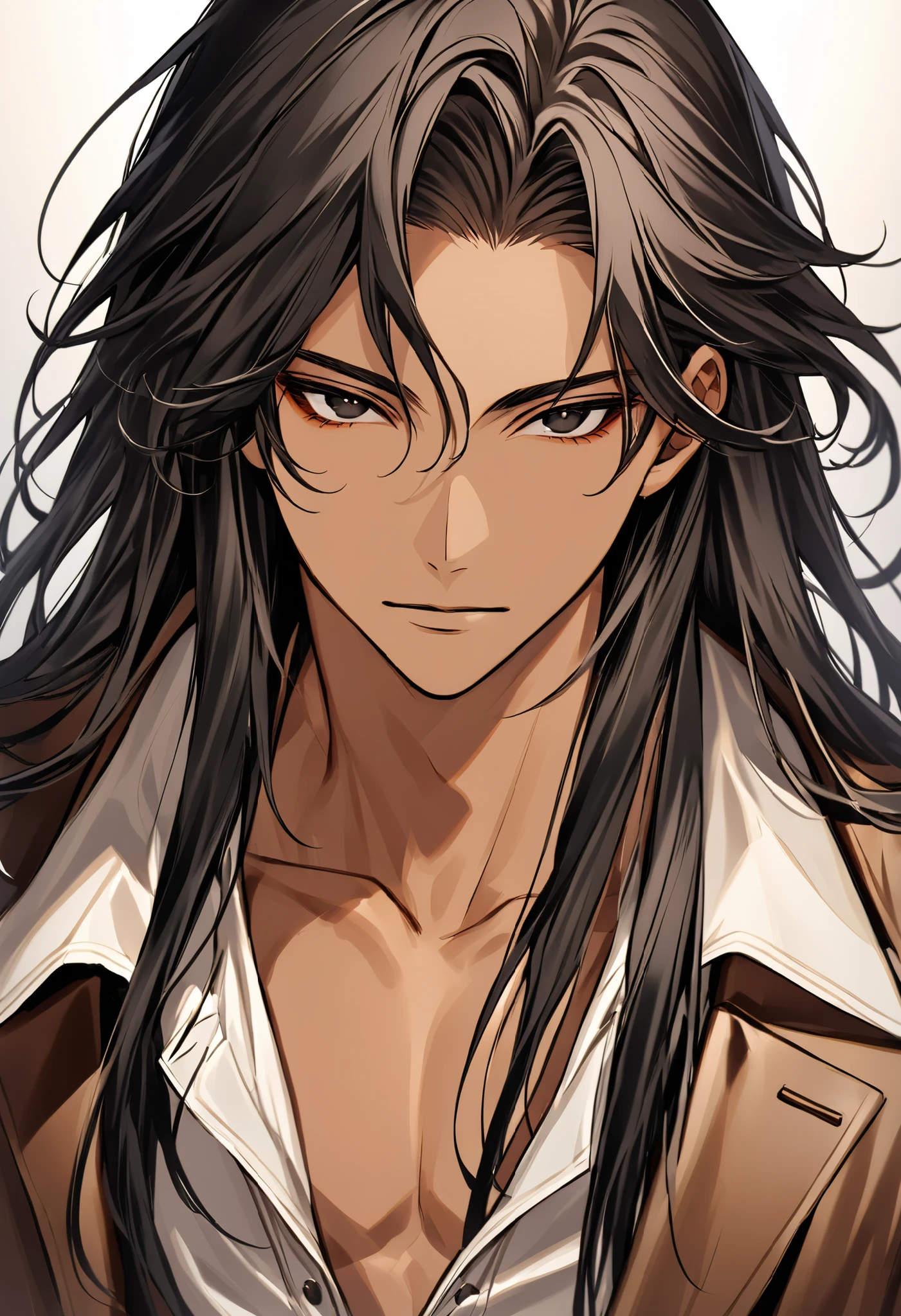 Handsome young man, athletic body, muscle, long hair, shoulder length hair, black hair, black eyes, tanned skin, wearing casual yet elegant clothing. He has a stylish brown jacket. The background is softly blurred, emphasizing his charismatic and mysterious aura. High detail, looking at the viewer, face focus.