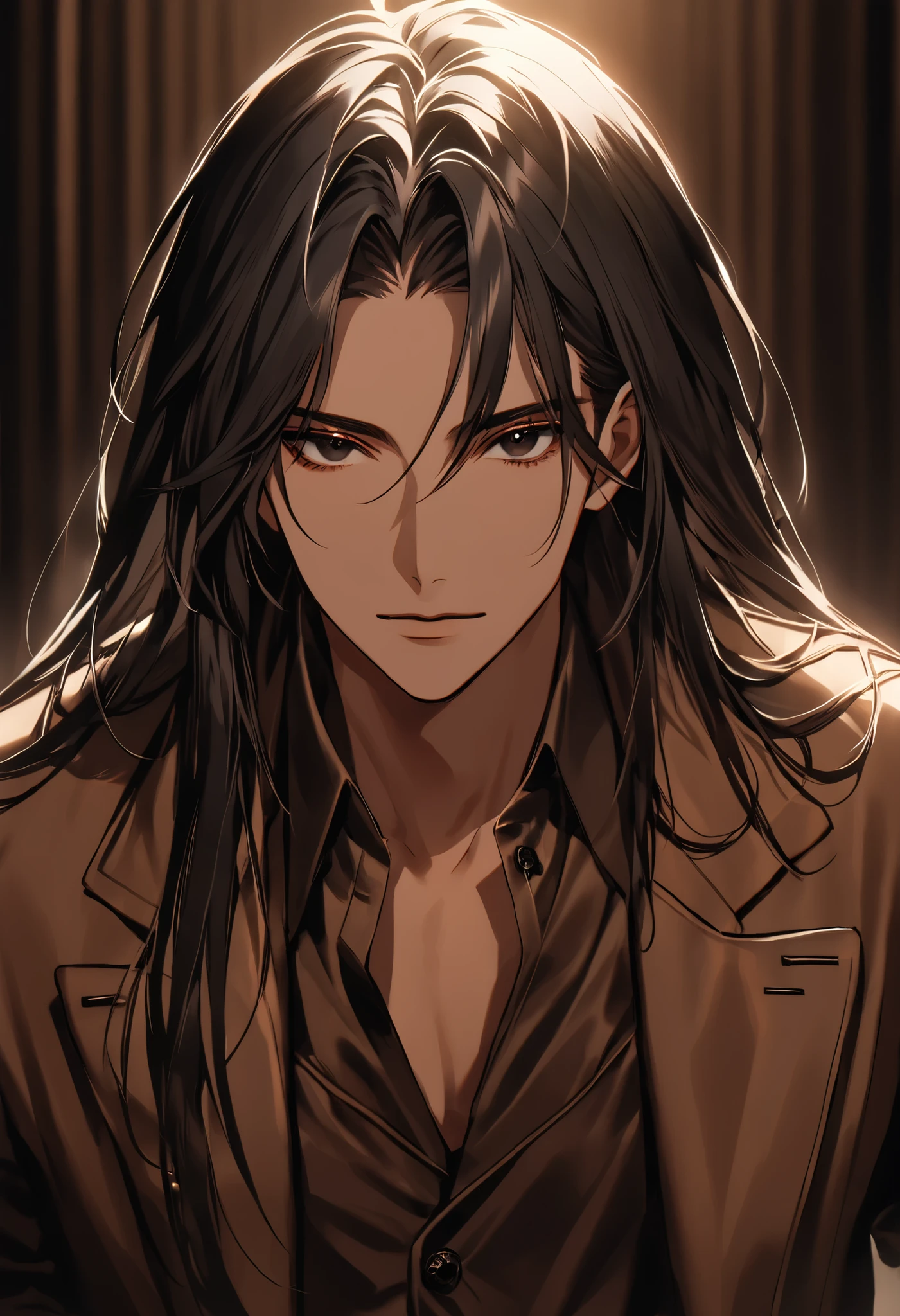 Handsome young man, athletic body, muscle, long hair, shoulder length hair, black hair, black eyes, tanned skin, wearing casual yet elegant clothing. He has a stylish brown jacket. The background is softly blurred, emphasizing his charismatic and mysterious aura. High detail, cinematic lighting, looking at the viewer, face focus.