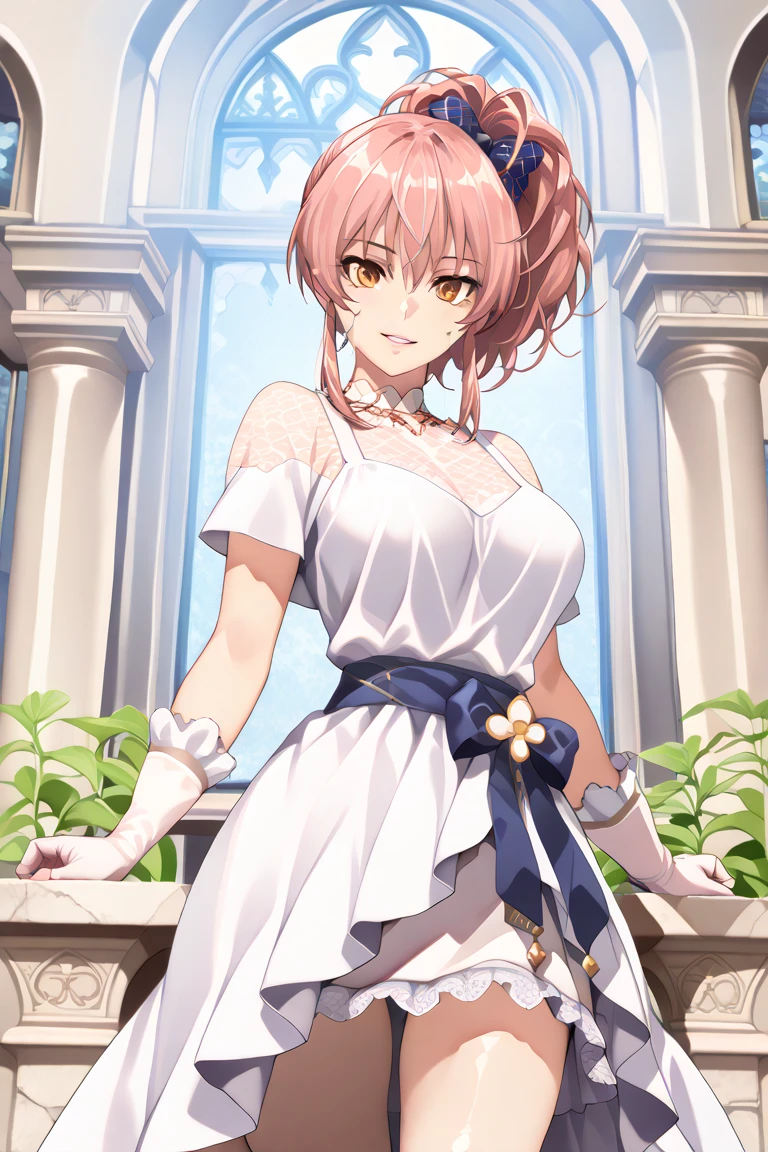 (masterpiece, best quality), intricate details,
1girl, <lora:ashido_mina-10:0.8> ashido_mina, colored skin, pink skin, colored sclera, black sclera,
<lora:albedoV1:0.8> white dress, hip vent, long dress, indoors, church, night, candlelight,