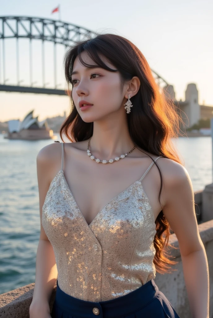 Side view:((Large Breasts:1.2)),She wears ancient mythology-inspired clothing and sea-themed accessories.、A woman transformed into an attractive and sexy sea goddess。High resolution、Detailed depiction of a sunset over the ocean。」