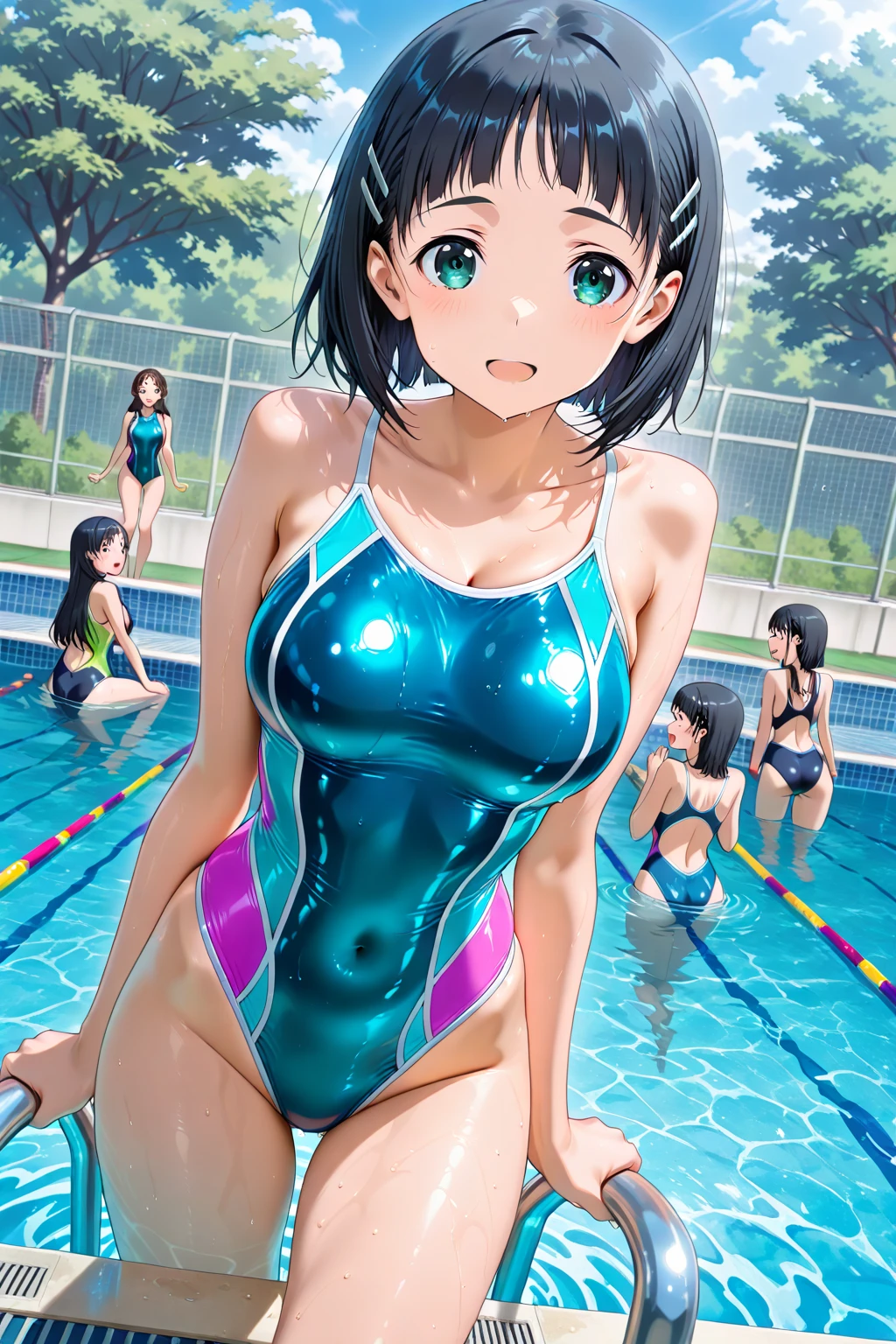 1girl, solo, breasts, masterpiece, best quality, smile, <lora:swimsuitwoside2:0.85>, swimsuitwoside, sideboob, thigh gap, groin, looking at viewer, facing viewer,