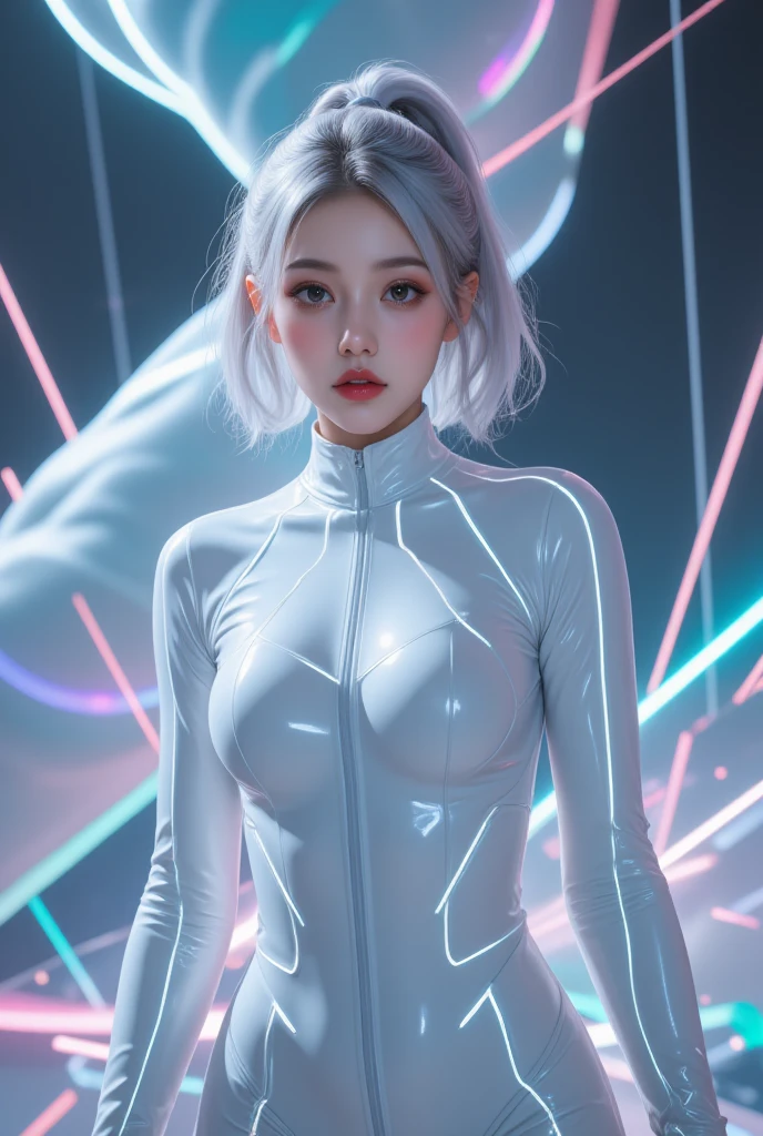 (full body photo of woman standing in futuristic city one hand resting on her hip:1.5),(perfect face, photoshoot, studio lighting,couture:1.1),(pale, 24 years old, large breasts, cleavage, skinny waist, slender athletic figure, young woman, futuristic fashionista:1.3),(Oval-shaped face, luminous complexion, glowing aqua almond-shaped eyes, thin high arched eyebrows, short upturned nose, cupid's bow lips:1.2),(backlit curly messy medium white hair:1.3),form-fitting space suit with neon magenta accents that highlight her silhouette,(dragon scale leggings:1.4),futuristic cityscape at twilight,sky of deep purples and blues,Gigantic glossy skyscrapers,holographic advertisements,jets zoom past in the sky,leaving trails of light behind them,shiny asphalt,dilated pupils,delicate metallic choker made of liquid silver,silver hoop earrings,