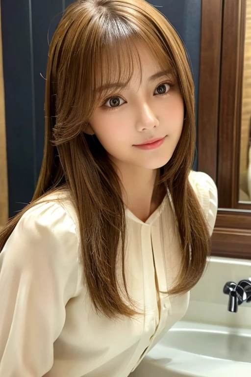 Product quality, upperbody shot, Front view, 1girl in, a Japanese young pretty woman, Long bob hair, hyper pretty face, Glamorous, I wear a satin silk white shirt with short sleeves and long sleeves with a collar, With a big smile in her room, Glossy lips, double eyelids for both eyes, Natural makeup, long eyelashes, shiny smooth light brown hair, asymmetrical bangs, Tanned skin, central image, hight resolution, high detailing, detailed hairstyle, Detailed face, 电影灯光, Hyper realistic, perfect bodies,Real Face,first love,like photo
