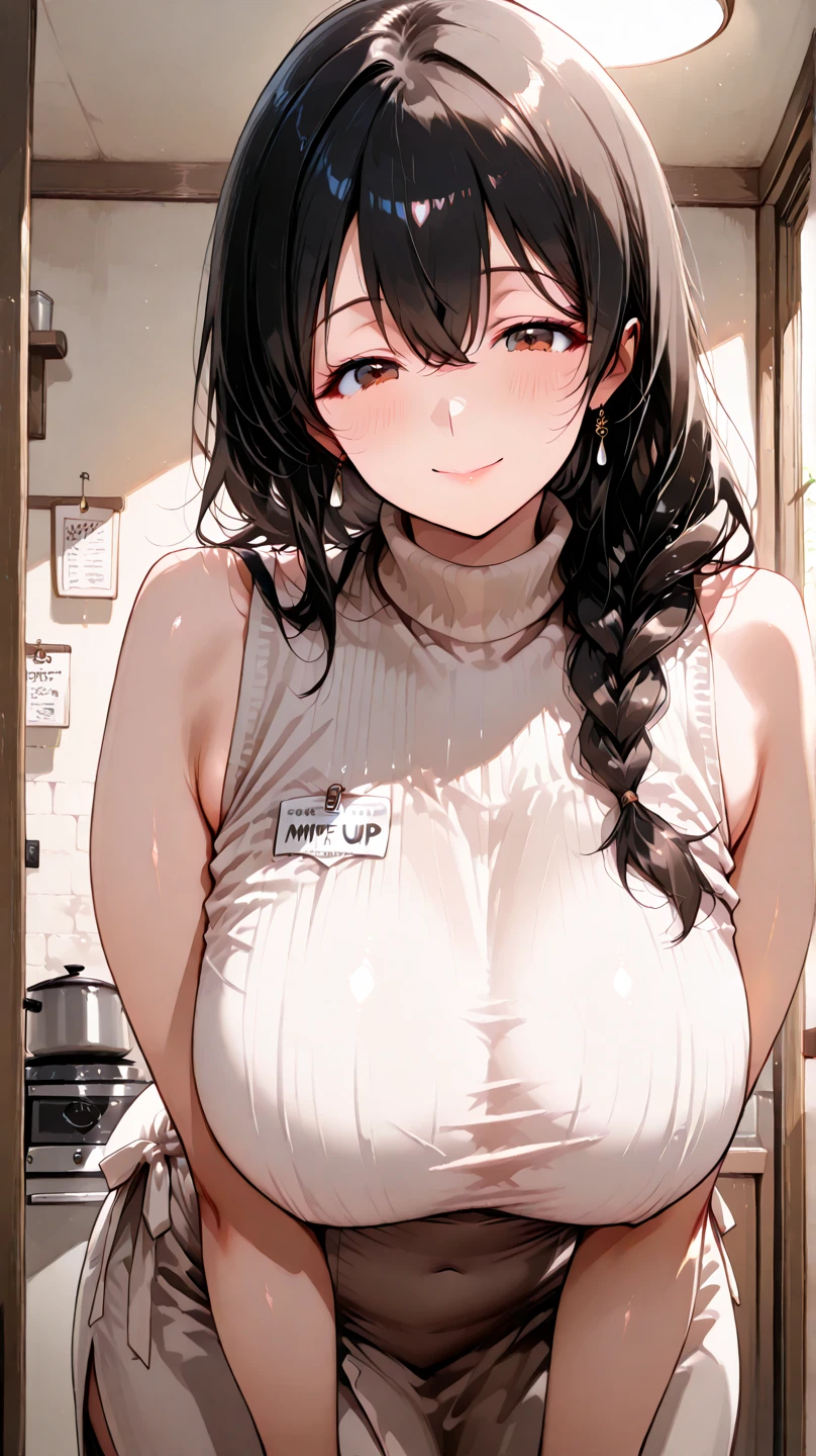 1girl, solo, hair ornament, (naked:1.3), (white apron), large breasts, cleavage, thighs, kitchen background, (blushing:1.3), naga, brown hair, ponytail, golden eyes, dark skin, gal, naga, lewd, sexy pose, attractive woman, ahegao, sexy