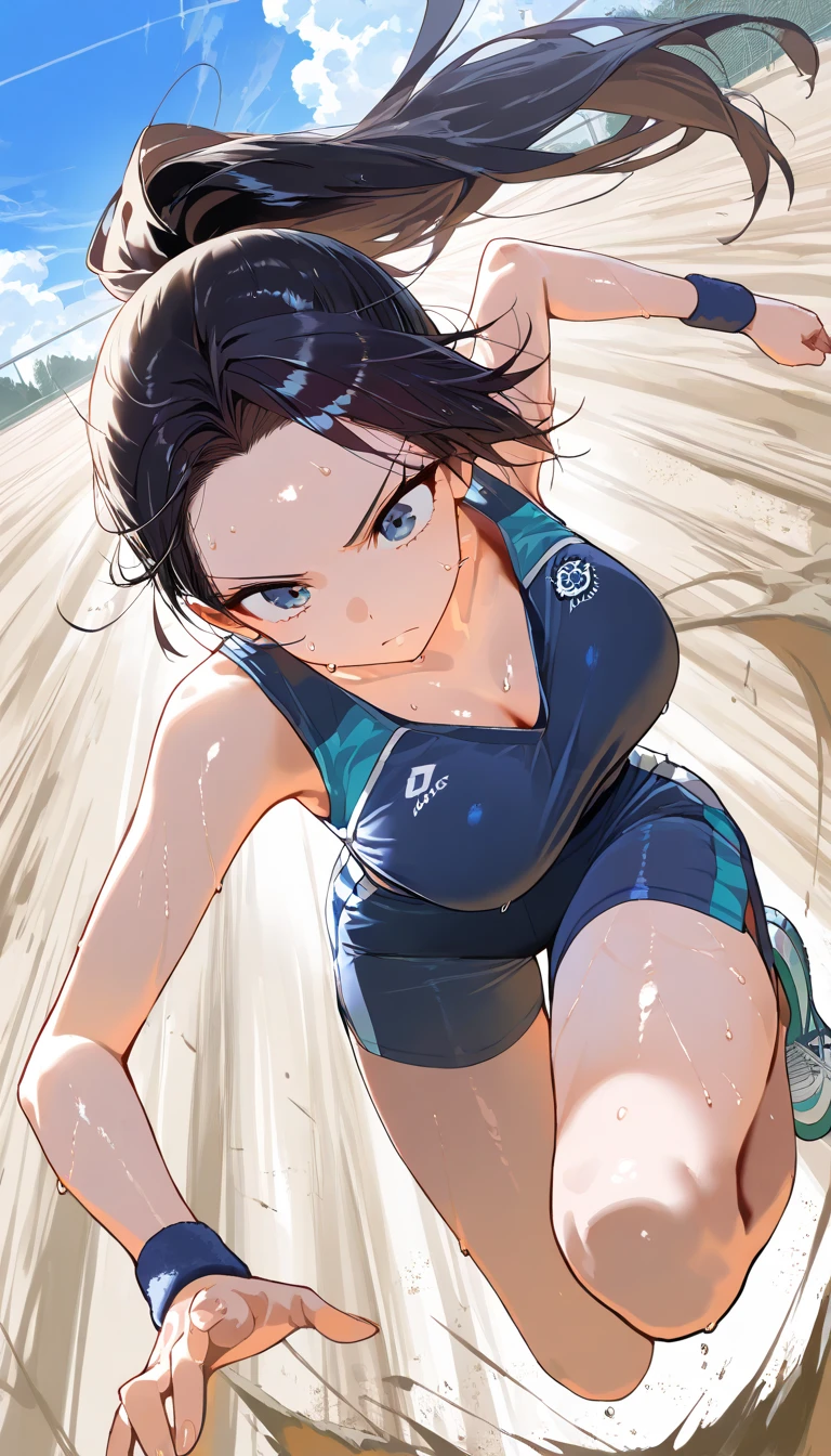 (beautiful girl : 1.3),1 girl,(Cross-Country Player,long jump,Sportswear,sneakers),dark haired,ponytail,Forehead,serious expression,sweat,jumping,Landing,Soaring Sand ,ground,Blue Sky,cloud,masterpiece,top quality,rich contrast,High Definition,8k,High definition CG unit wallpaper,Textures,unbelievably absurd,RAW pictures,Deep Border 1 .2,very detailed