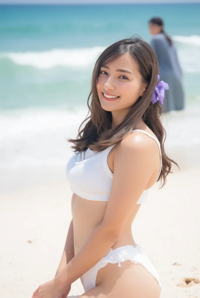 (((One girl,alone))),(Highly realistic photos, High resolution, Detailed face, Beautiful Eyes) Japanese women, 30 years old, Cute Face, Nice body, Medium chest, ,Hairstyle, Healthy Body,Thighs、turn over、Depth of written boundary,Narrow eyes,Light Smile、Body like a model、Waterfront,(ビキニスタイルのBeachバレーユニフォーム:1.5),Beach