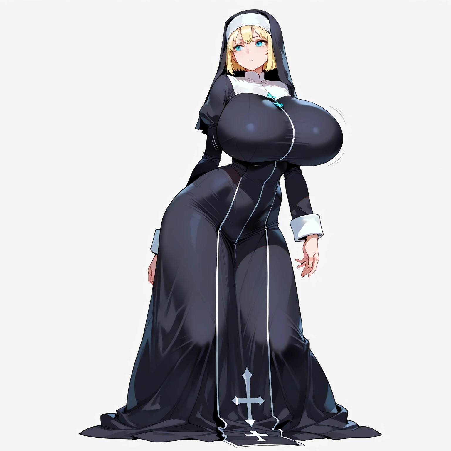 nun, demon girl, walking, , warpriesstes, silver hair, short hair, sacred gauntlets, long ski, cute smile, pure smile, love smile,,veillong skirt, pantyhose, staff holding, armor, gloves, standing, full body,sharpteeth,standing, full body, happy, joyfull