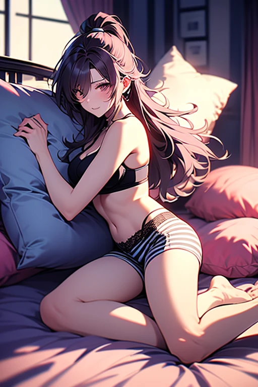 tanned skin anime young woman wearing a cropped bikini top and skirt, extreme hunger, exhausted, starving