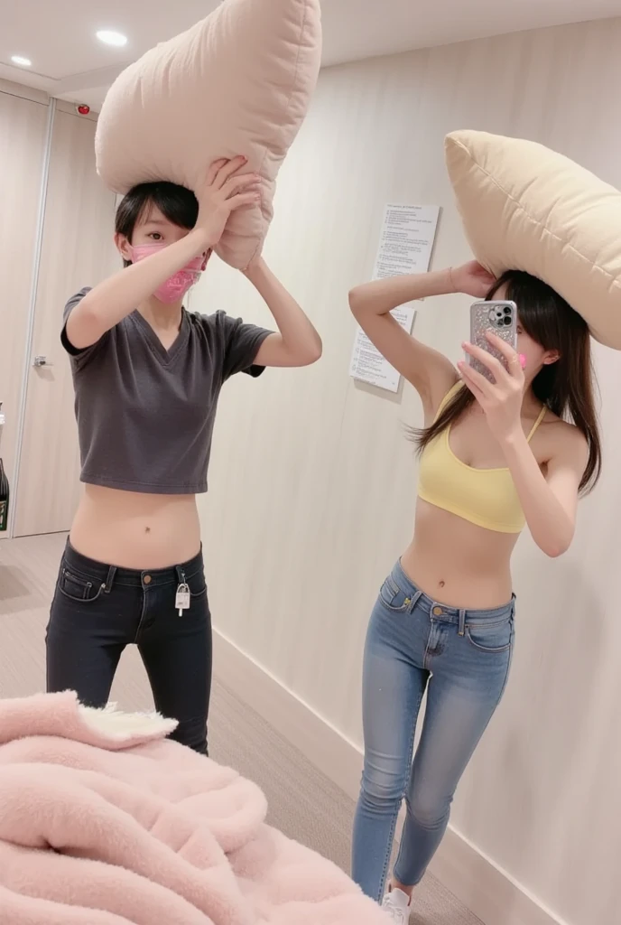 An 18-year-old girl wearing tight shorts and a black bra, with white skin and short black hair like a boy, filmed in the bathroom with a phone.