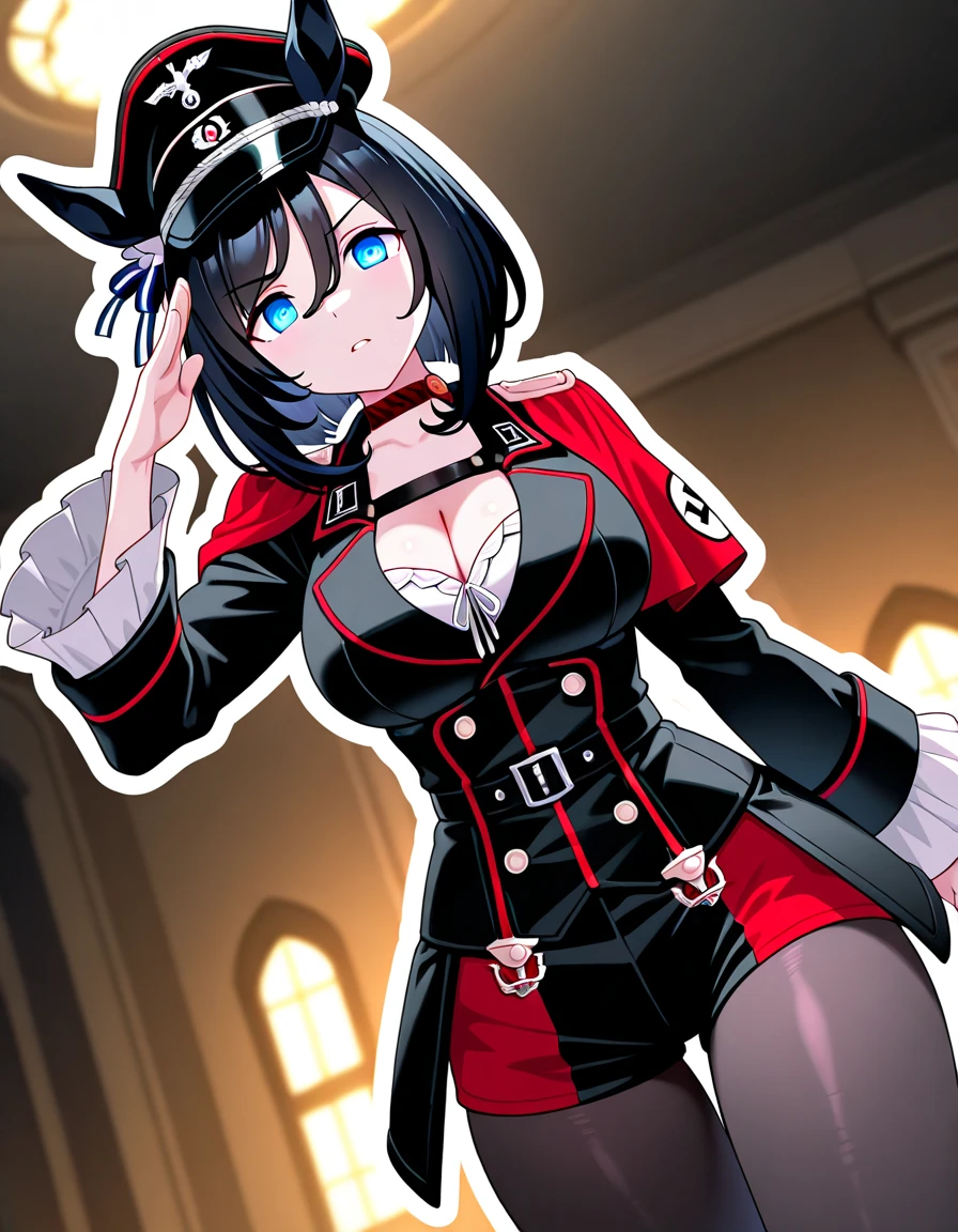Black hair, Cat ears, Cat girl, Red eyes, commando，holding gun