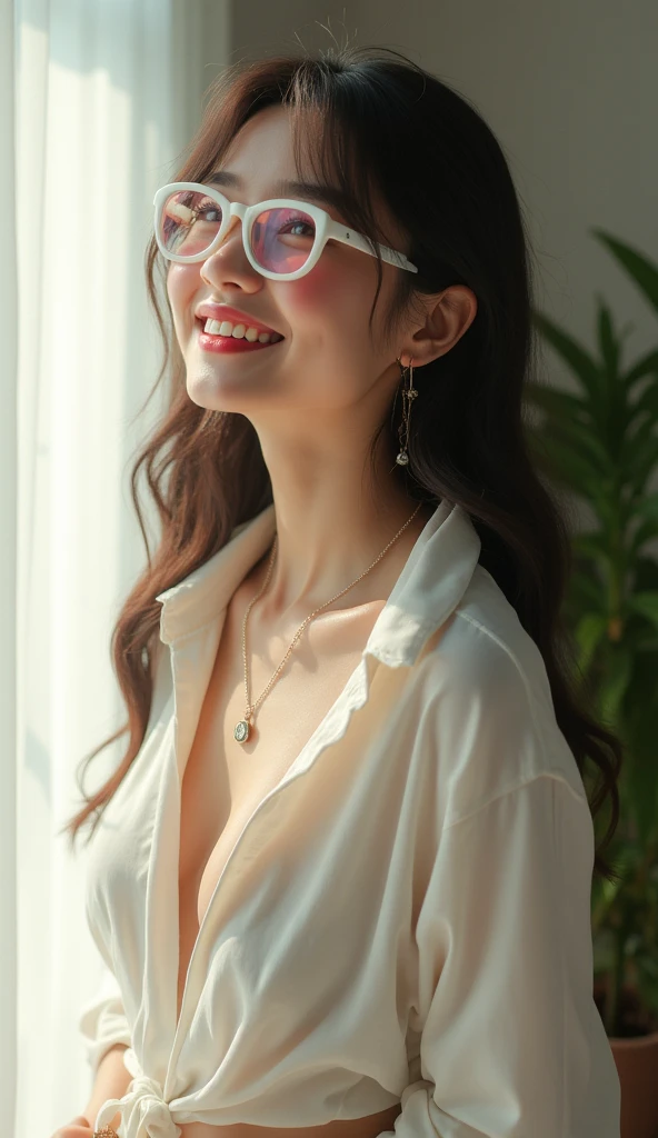 ((Top Quality, 8k, Masterpiece: 1.3)), Crisp Focus: 1.2, Beautiful Women in Perfect Style: 1.4, Slender Abs: 1.2, ((Dark Brown Hair, Big: 1.2)), (White Button Up Long Shirt: 1.1), Street: 1.2, Highly Detailed Face and Skin Texture, Detailed Eyes, Double Eyelids, Glasses, Nude, Urban, Underwear