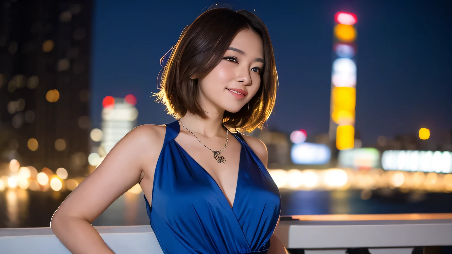 Random Pose, Mix 4, (8K, RAW Photo, Best Quality, Masterpiece: 1.45), (Real, Photorealistic: 1.37), Female, Cute, Smile, Cityscape, Night, Professional Lighting, Radiosity, Normal Breasts , deep V neckline slip dress, front facing,