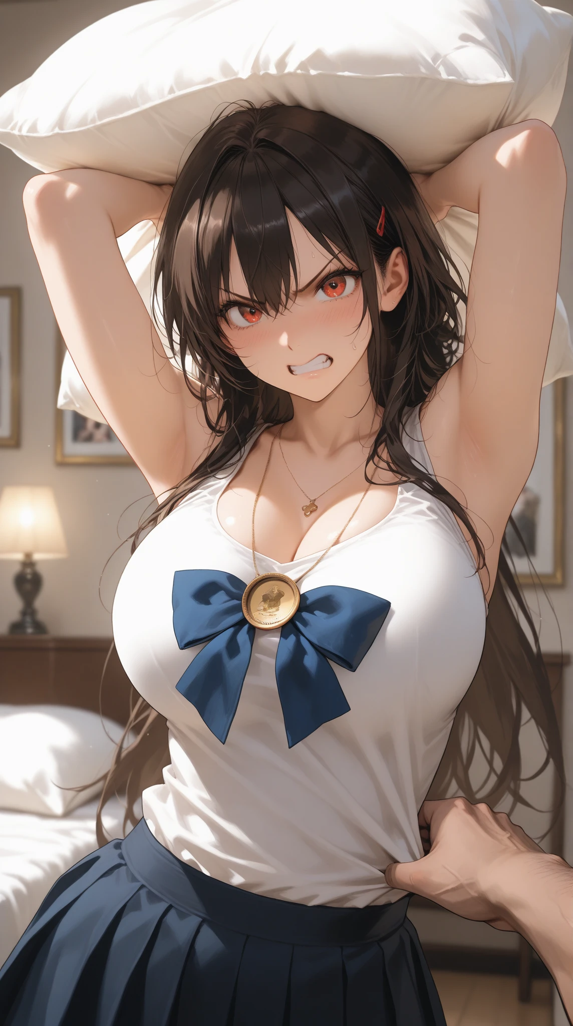 1girl, solo, Illustration, 4K, 8K, (High quality:1.1), (completely nude:1.3), ((upper body:1.2)), ((((breast hold)))), ((steam)), (embarrassed), ((cowboy shot)), Rin Tohsaka, aqua eye, black hair, hair ribbon, long hair, ribbon, side lock, two side up, (nude:1.2), (perfect nude:1.2),,, two side up,